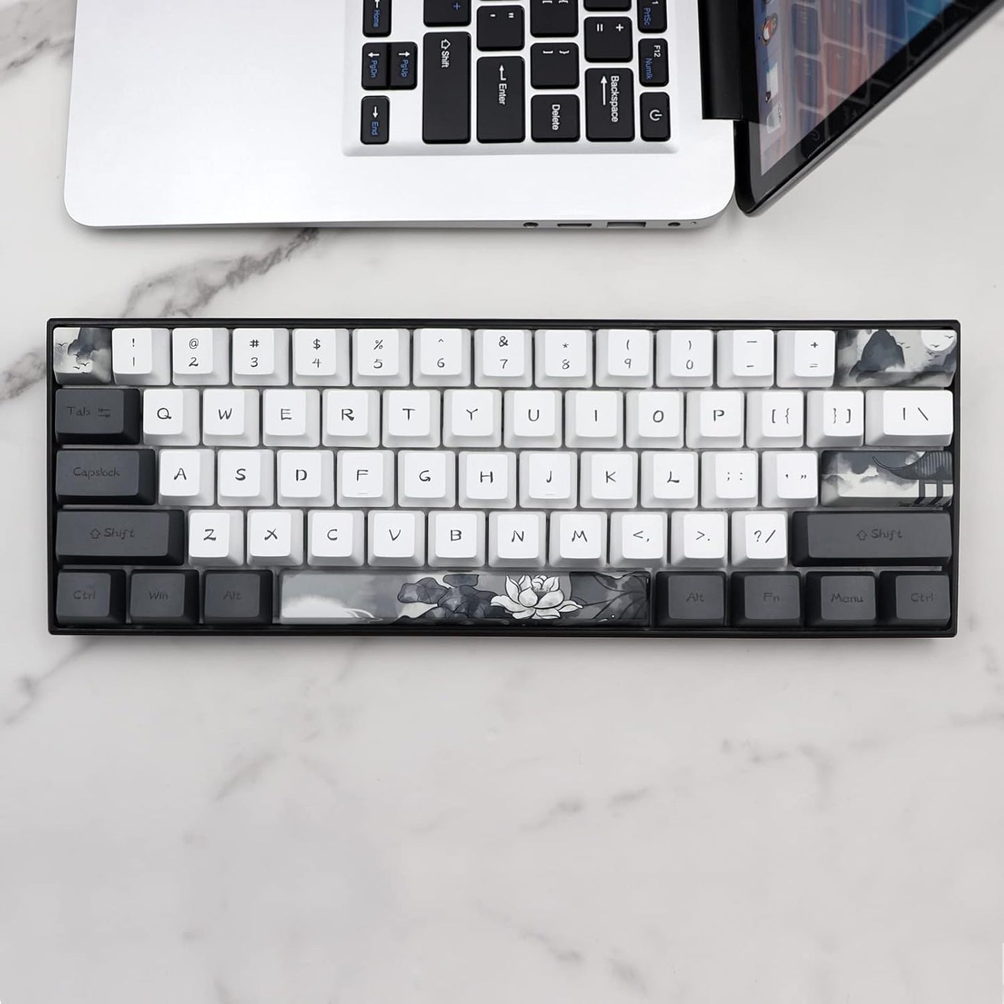 JSJT Ink Lotus Keycaps 140 Keys OEM Profile Keycap PBT Dye Sublimation Key Caps for ANSI/ISO Layout Cherry MX Switch Mechanical Gaming Keyboards GK61/68/87/96/104/108 (with 6.25u spacebar)