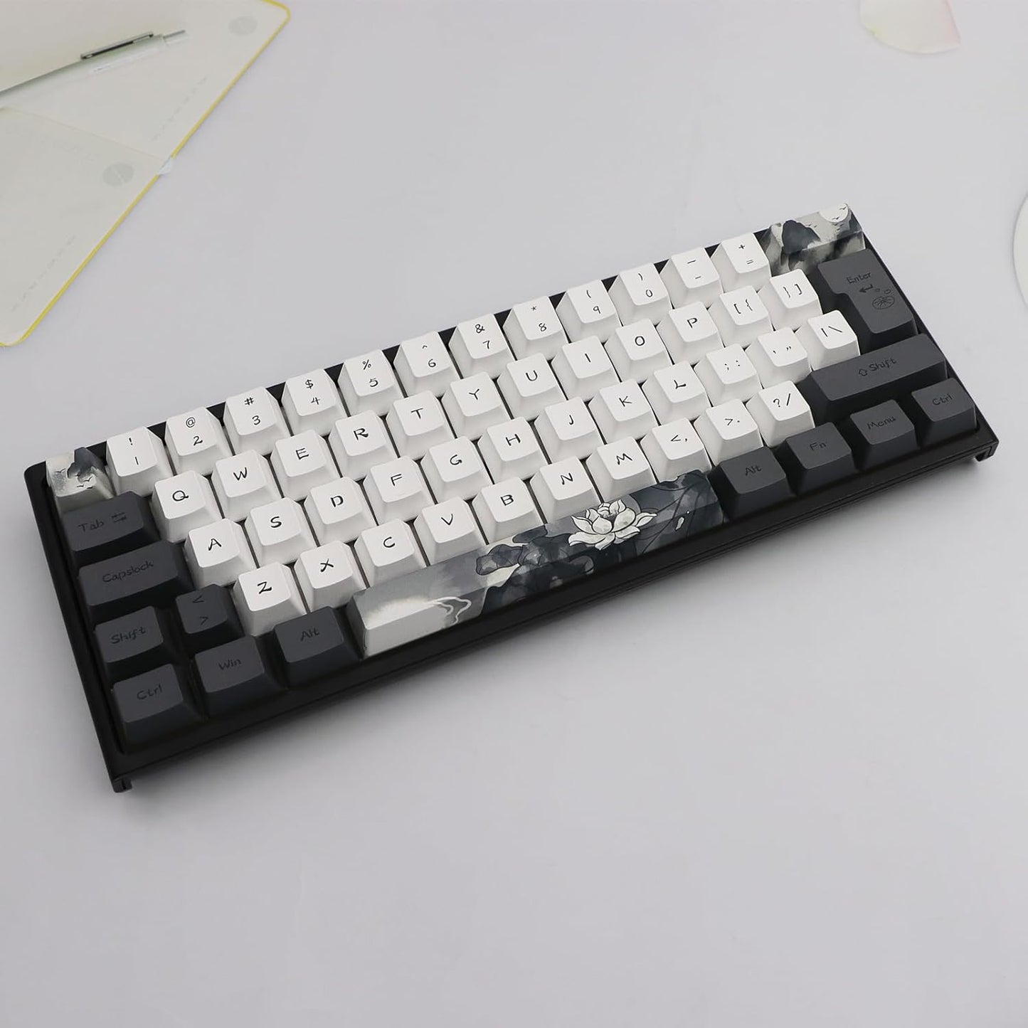 JSJT Ink Lotus Keycaps 140 Keys OEM Profile Keycap PBT Dye Sublimation Key Caps for ANSI/ISO Layout Cherry MX Switch Mechanical Gaming Keyboards GK61/68/87/96/104/108 (with 6.25u spacebar)