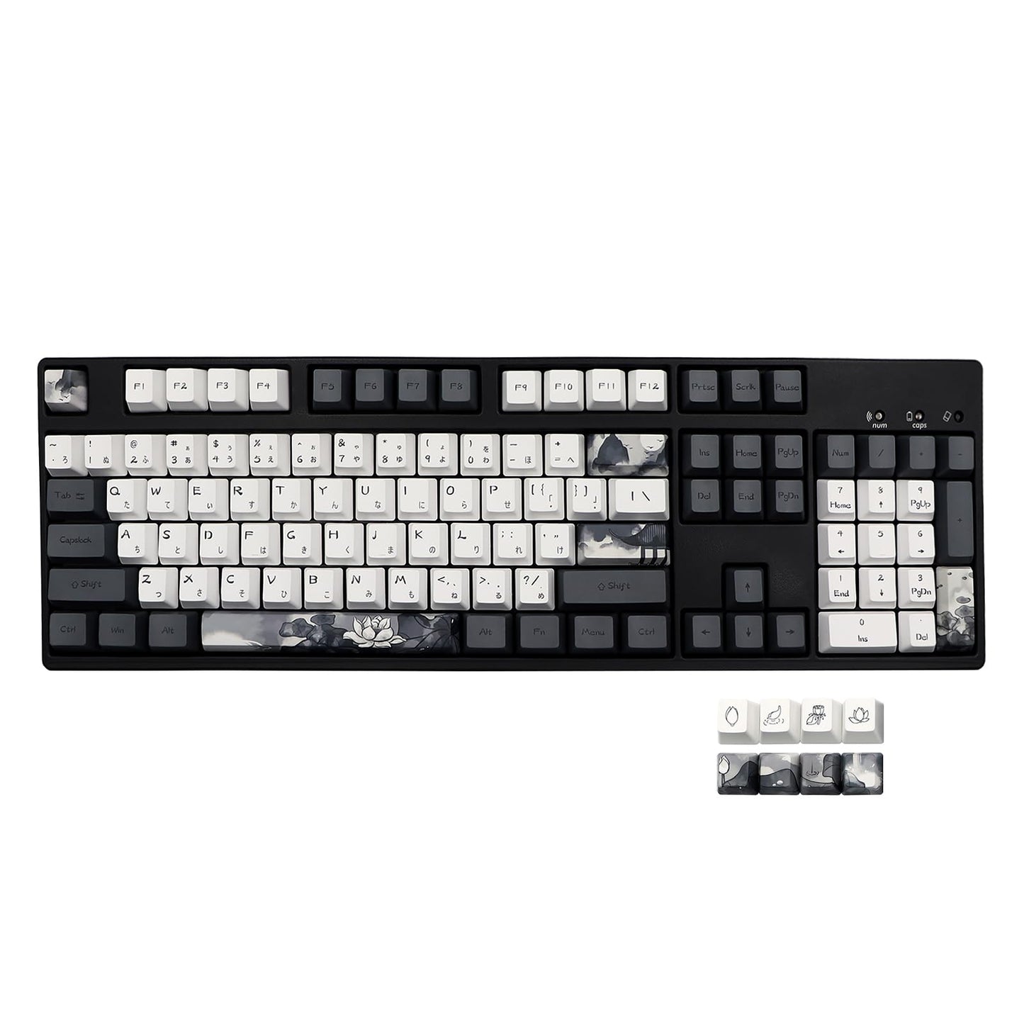 JSJT Ink Lotus Keycaps 140 Keys OEM Profile Keycap PBT Dye Sublimation Key Caps for ANSI/ISO Layout Cherry MX Switch Mechanical Gaming Keyboards GK61/68/87/96/104/108 (with 6.25u spacebar)