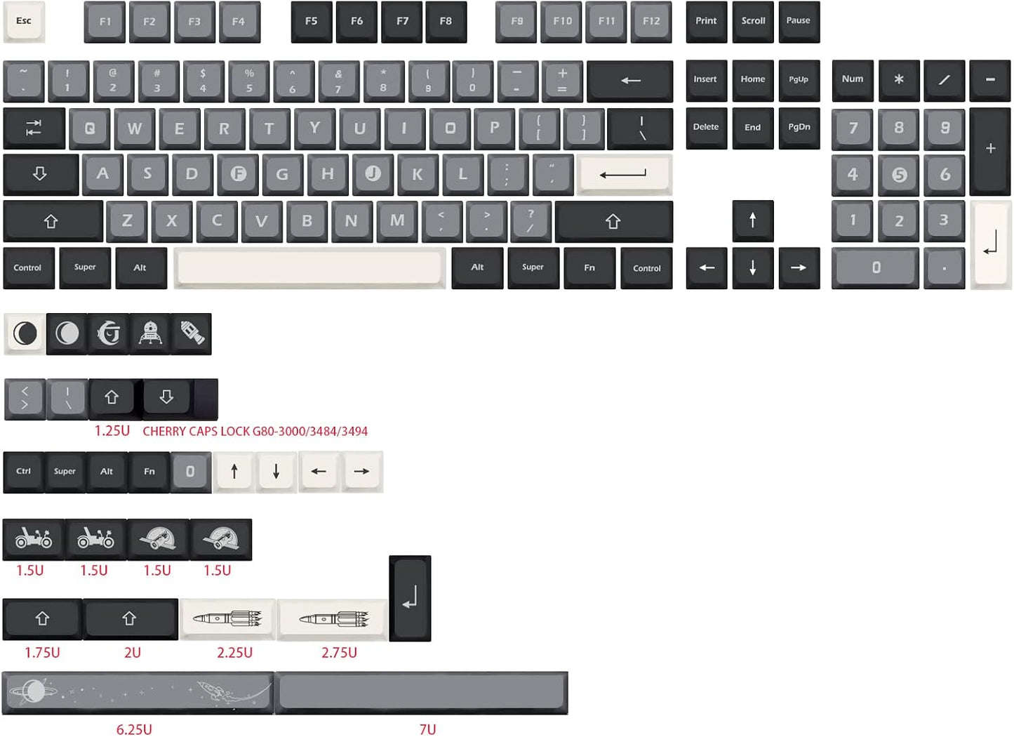 JSJT Custom Keycap PBT XDA Profile Keycaps Aerospace Apollo Themed Keycaps 133 Keys for 61/64/68/87/96/104/108 Cherry Gateron MX Switches Mechanical Gaming Keyboard(6.25U 7U Spacebar)
