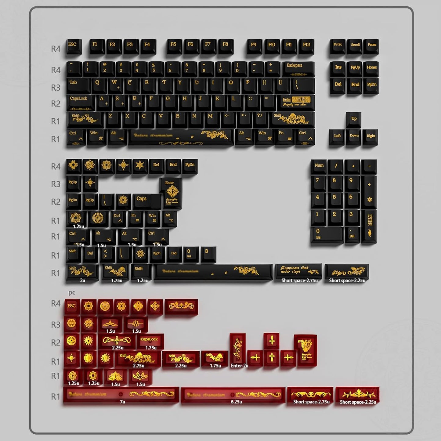 JSJT Black Keycaps,Transparent PC+PBT Cherry Profile Keycaps 180 Keys Hot Stamping Process Pattern Custom Keycap Set for Cherry MX Switch Mechanical Keyboards(Only Key Caps)