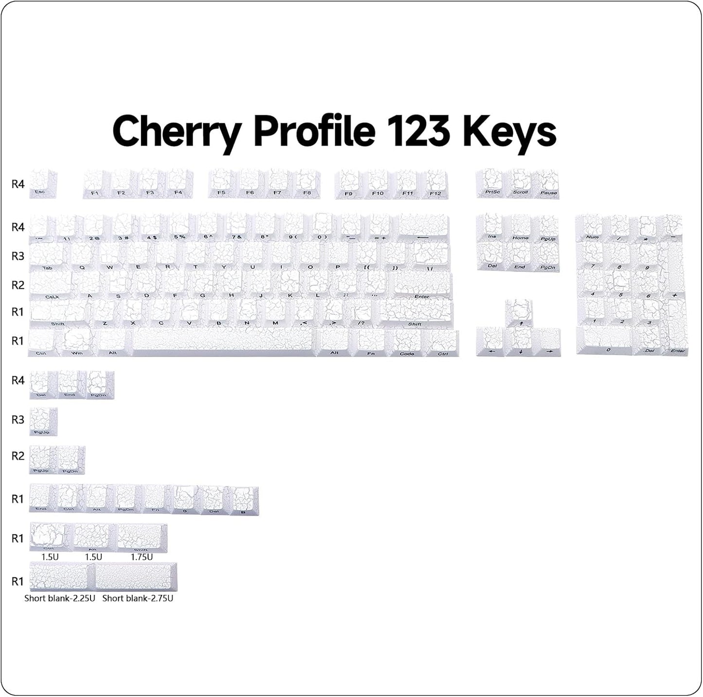 JSJT White Key Caps - Side Printed Keycap 60 Percent,PBT Shine Through Keycaps,Ice of Crack Theme Cherry Profile Keycap Set 123 Keys Suitable for MX Switch Mechanical Keyboards(Only Keycaps)
