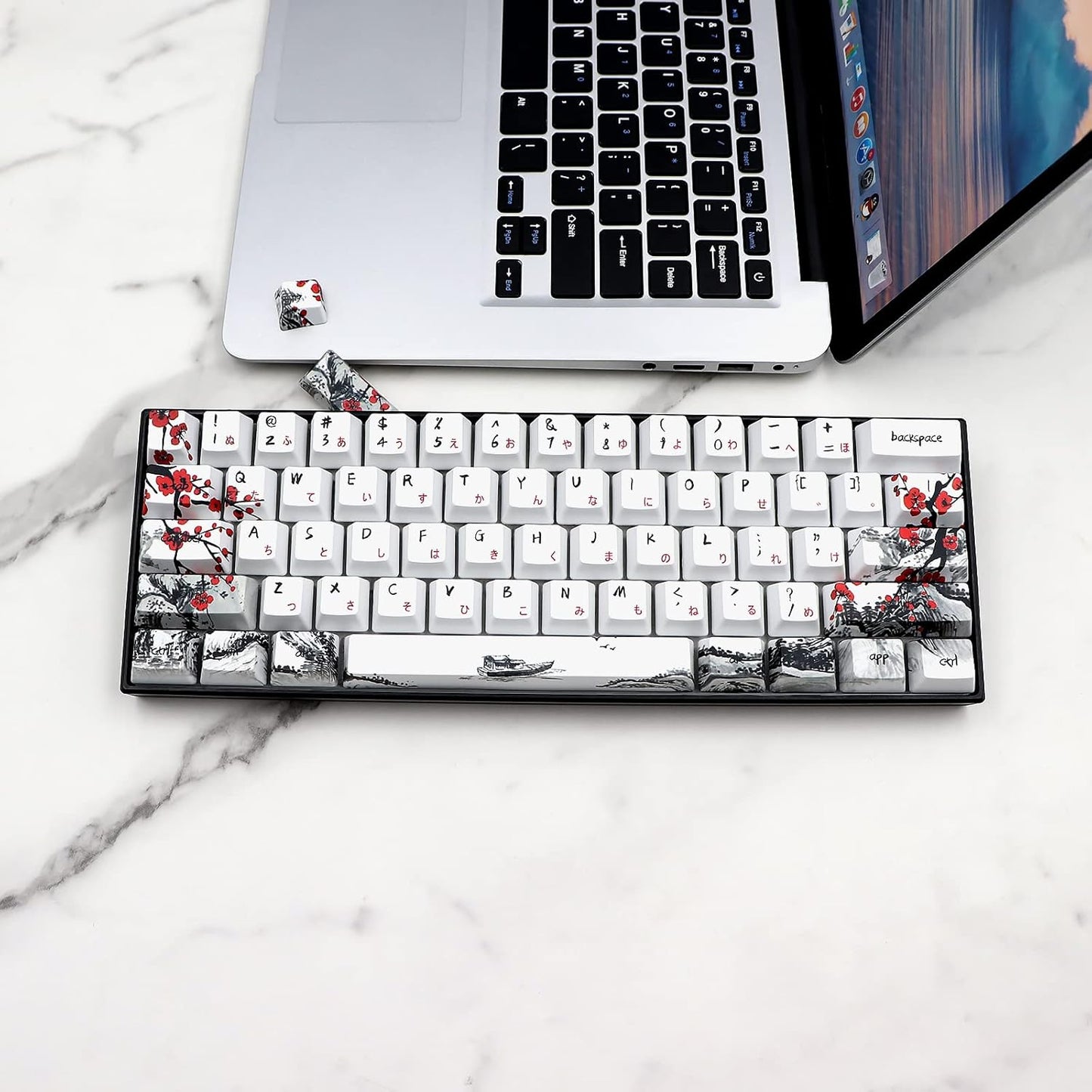JSJT Keycaps 60 Percent - Plum Blossom Keycap,Japanese Keycap Set 71 Keys PBT OEM Profile Key Caps Suitable for GK61/GK64/RK61/Anne /ALT61 Cherry MX Switches Mechanical Keyboards