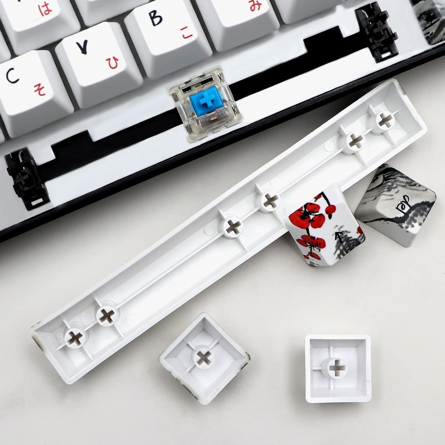 JSJT Keycaps 60 Percent - Plum Blossom Keycap,Japanese Keycap Set 71 Keys PBT OEM Profile Key Caps Suitable for GK61/GK64/RK61/Anne /ALT61 Cherry MX Switches Mechanical Keyboards
