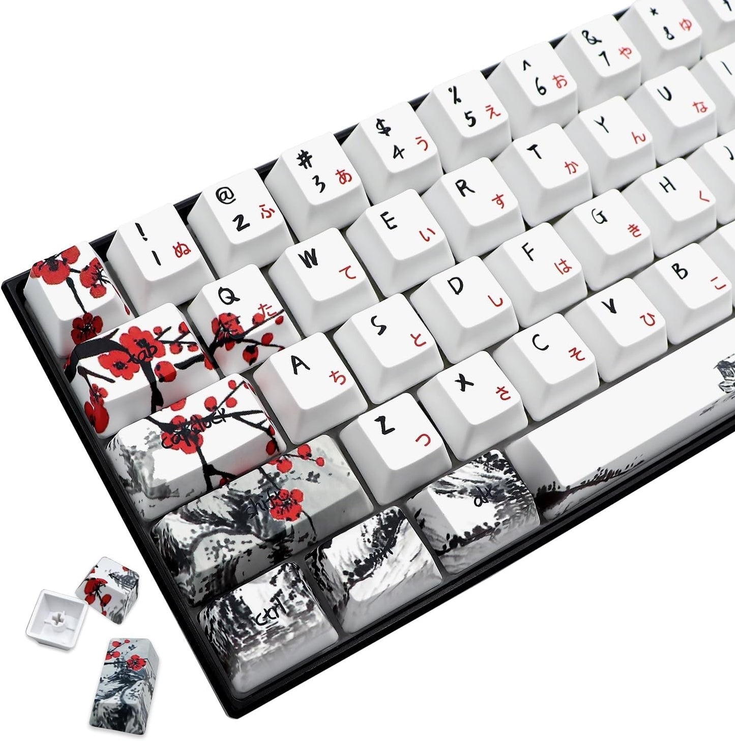 JSJT Keycaps 60 Percent - Plum Blossom Keycap,Japanese Keycap Set 71 Keys PBT OEM Profile Key Caps Suitable for GK61/GK64/RK61/Anne /ALT61 Cherry MX Switches Mechanical Keyboards