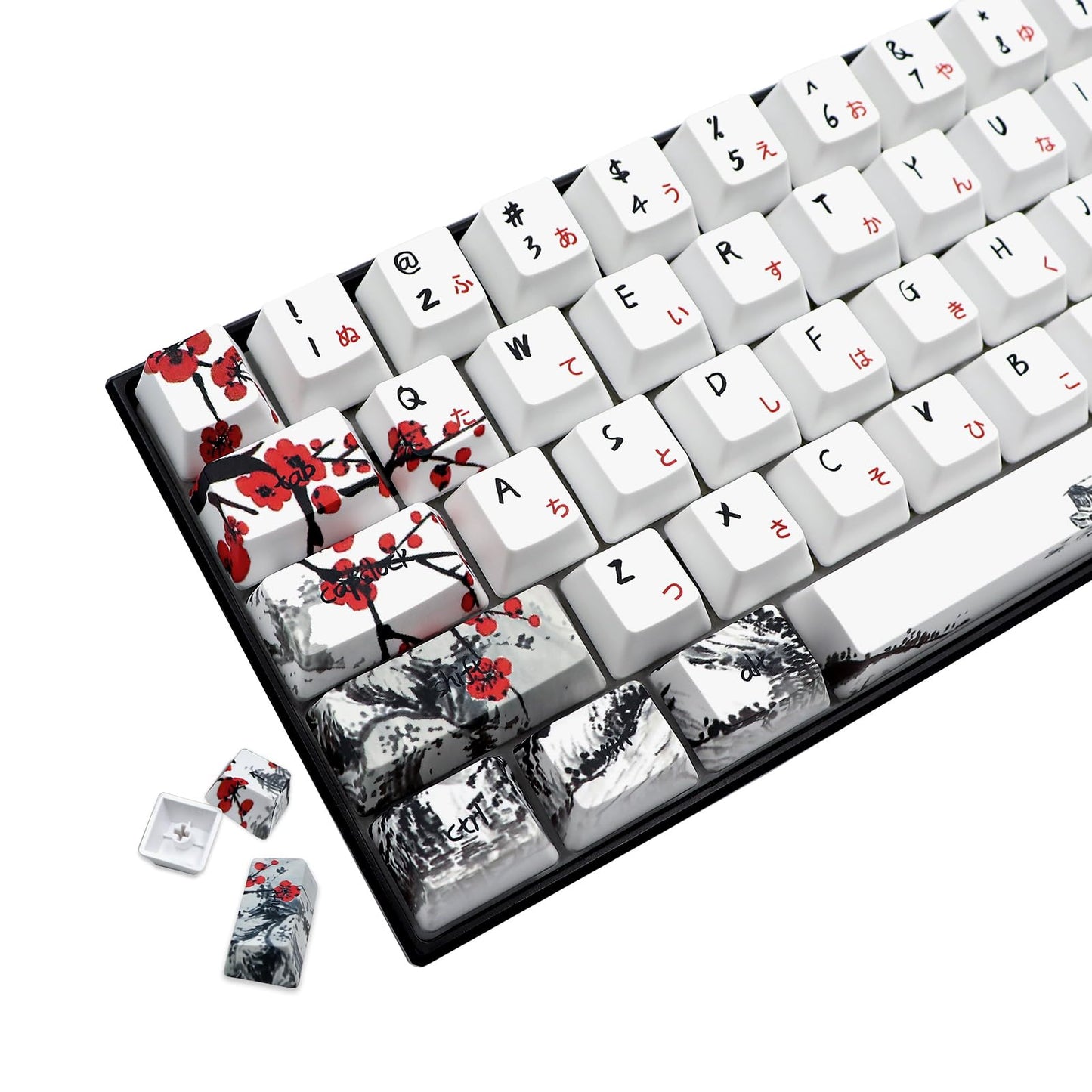 JSJT Japanese keycaps PBT Dye-Sublimation Plum Blossom Keycaps 110 Keys OEM Profile Key Caps with Keycap Puller for Cherry MX Switch 61/87/104/108 Mechanical Keyboard