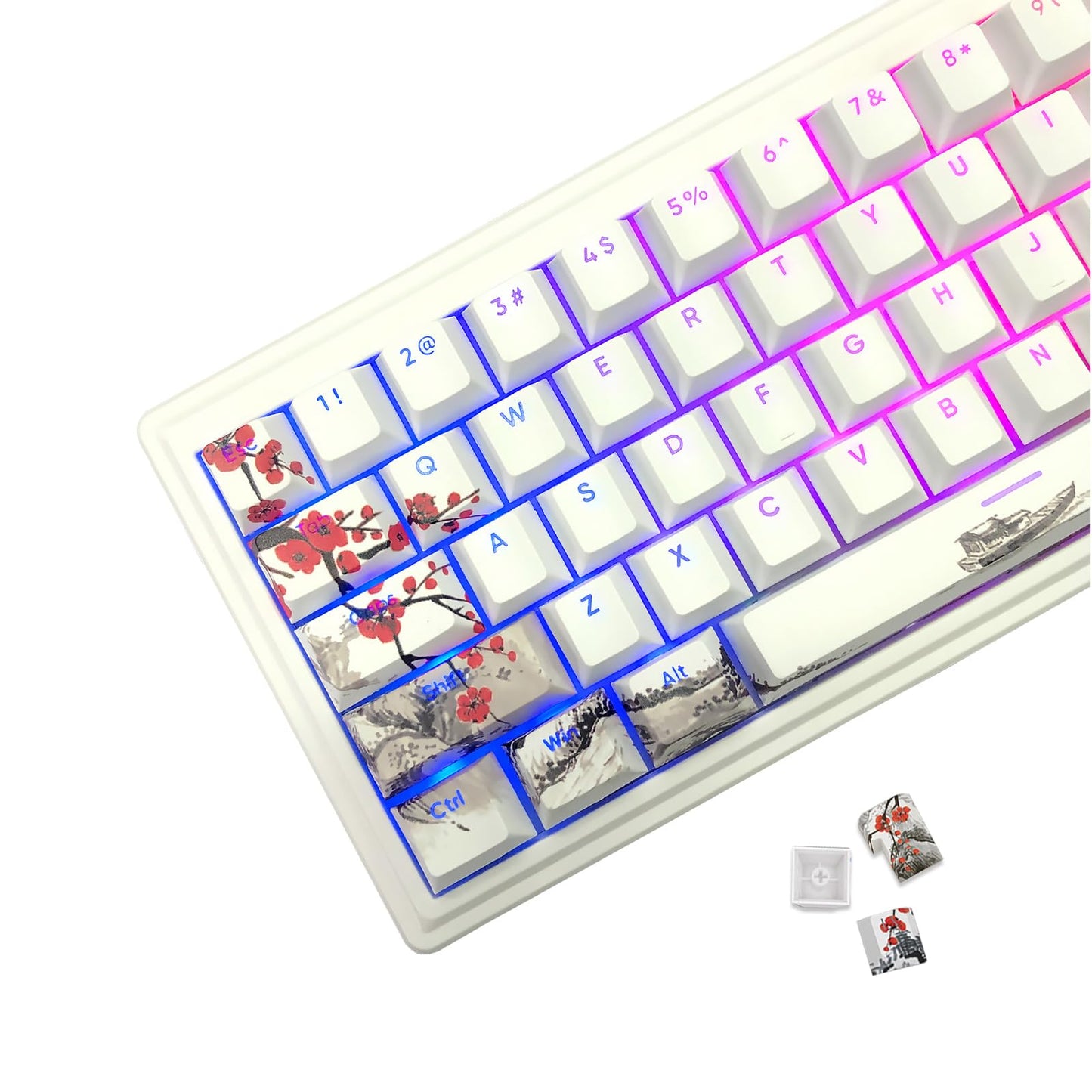 JSJT Keycaps 60 Percent - Plum Blossom Keycap,Japanese Keycap Set 71 Keys PBT OEM Profile Key Caps Suitable for GK61/GK64/RK61/Anne /ALT61 Cherry MX Switches Mechanical Keyboards