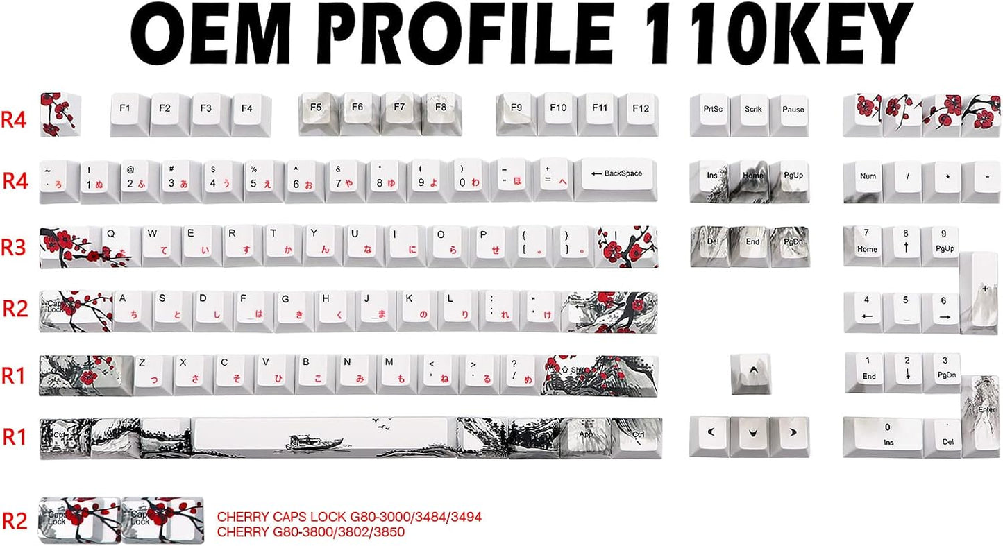 JSJT Japanese keycaps PBT Dye-Sublimation Plum Blossom Keycaps 110 Keys OEM Profile Key Caps with Keycap Puller for Cherry MX Switch 61/87/104/108 Mechanical Keyboard