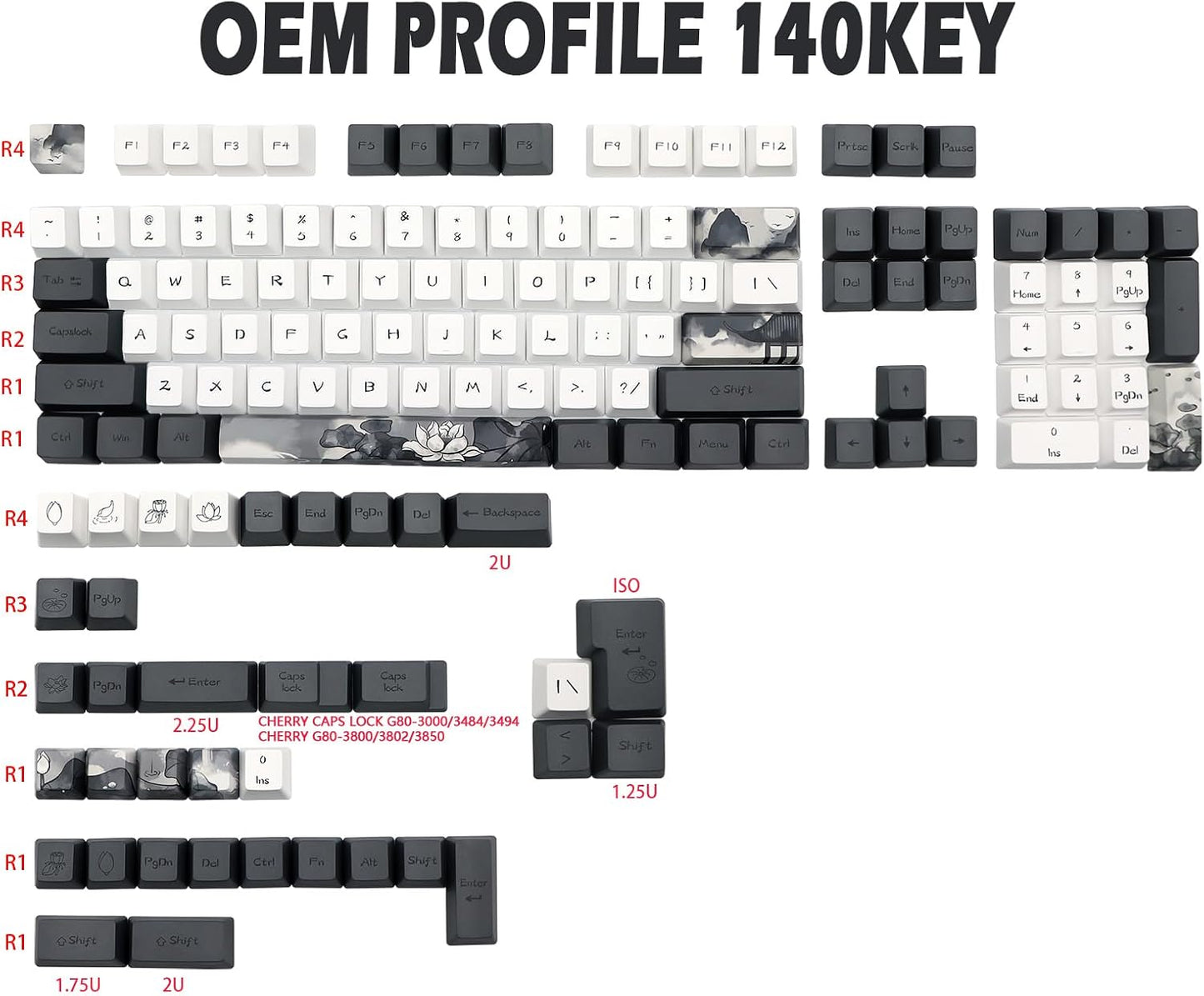 JSJT Ink Lotus Keycaps 140 Keys OEM Profile Keycap PBT Dye Sublimation Key Caps for ANSI/ISO Layout Cherry MX Switch Mechanical Gaming Keyboards GK61/68/87/96/104/108 (with 6.25u spacebar)