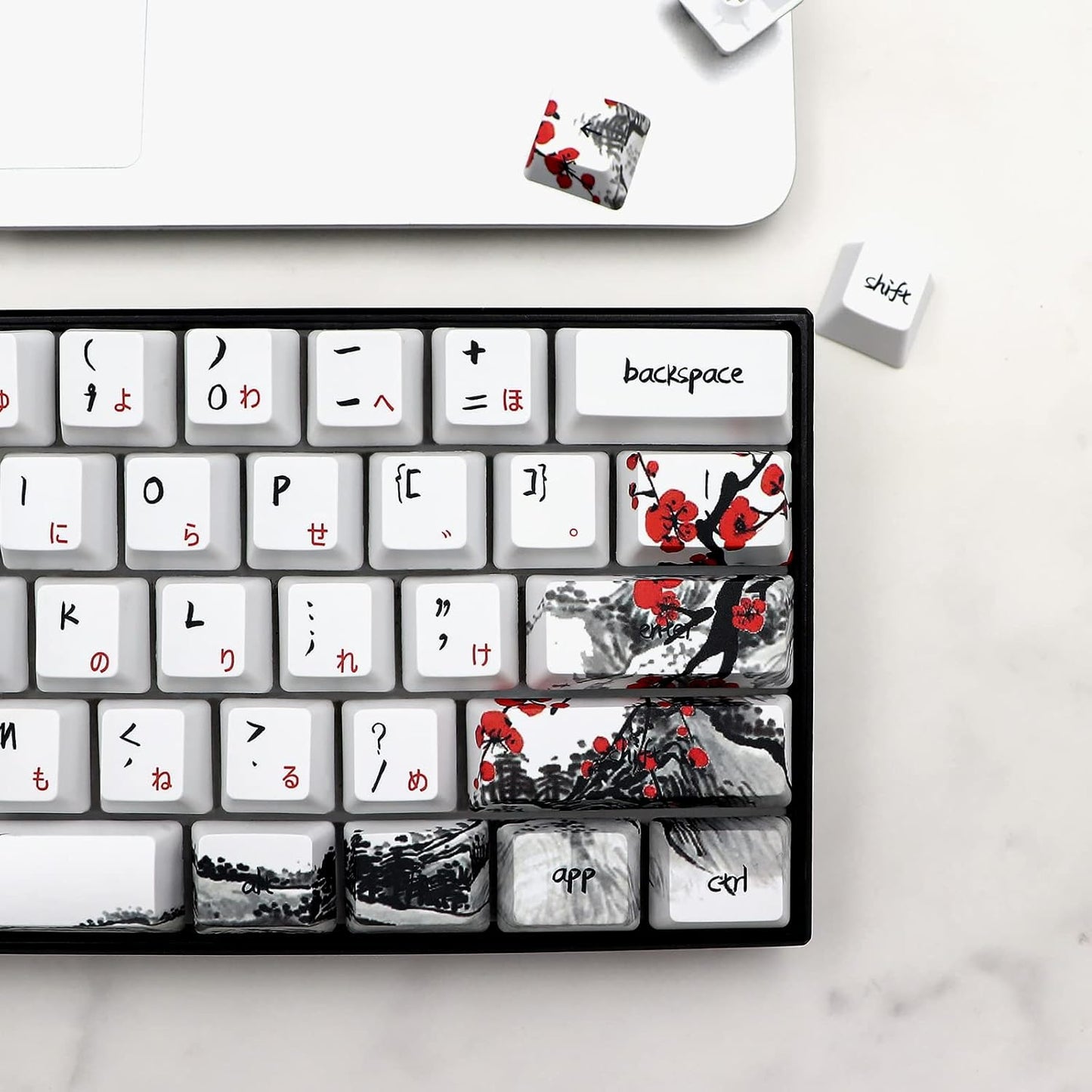 JSJT Keycaps 60 Percent - Plum Blossom Keycap,Japanese Keycap Set 71 Keys PBT OEM Profile Key Caps Suitable for GK61/GK64/RK61/Anne /ALT61 Cherry MX Switches Mechanical Keyboards