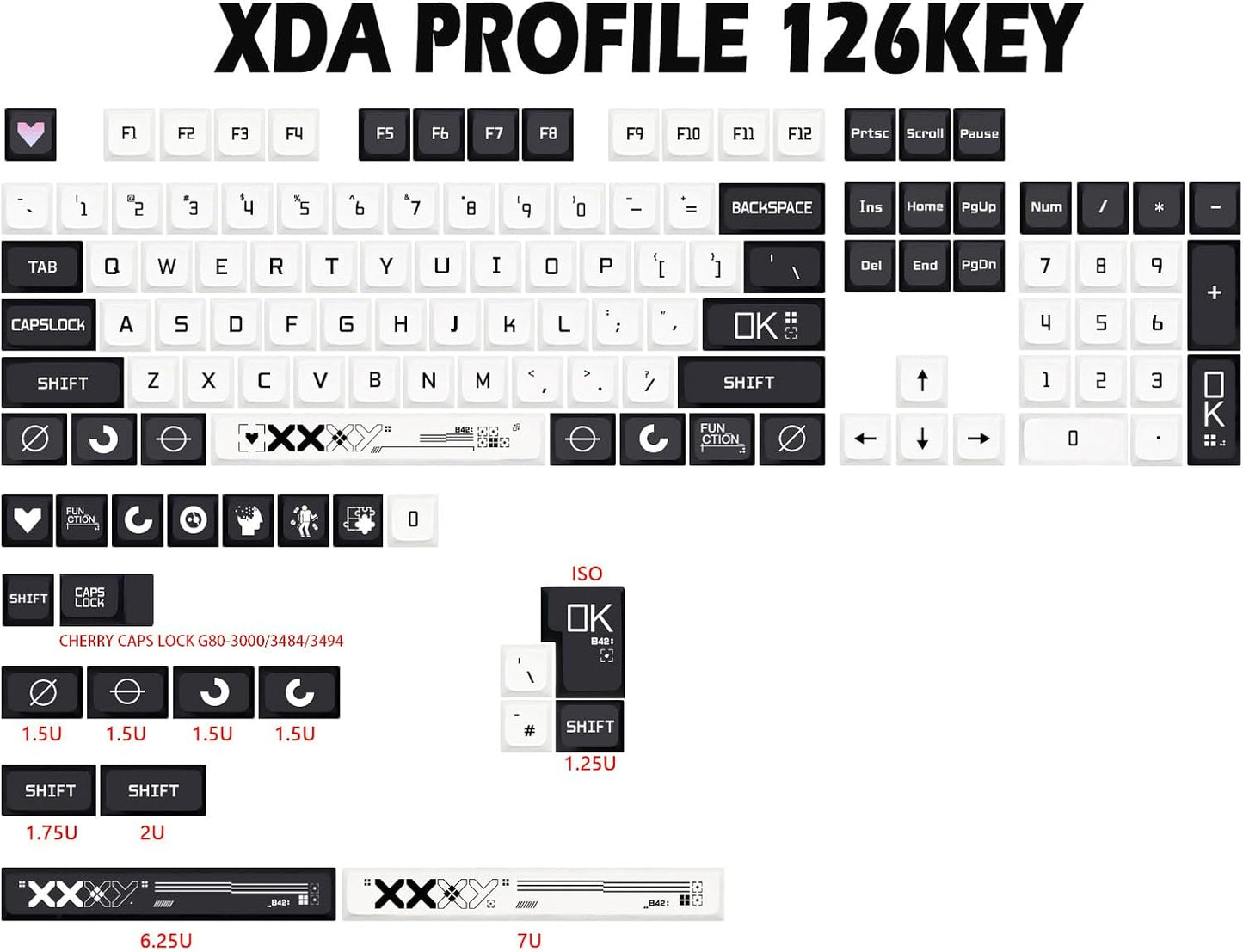 JSJT Key Caps XDA Profile Black and White Keycaps, 126 Keys Theme PBT Dye Sublimation Custom Keycap Set for US/ISO Layout Cherry MX Switch Mechanical Keyboards