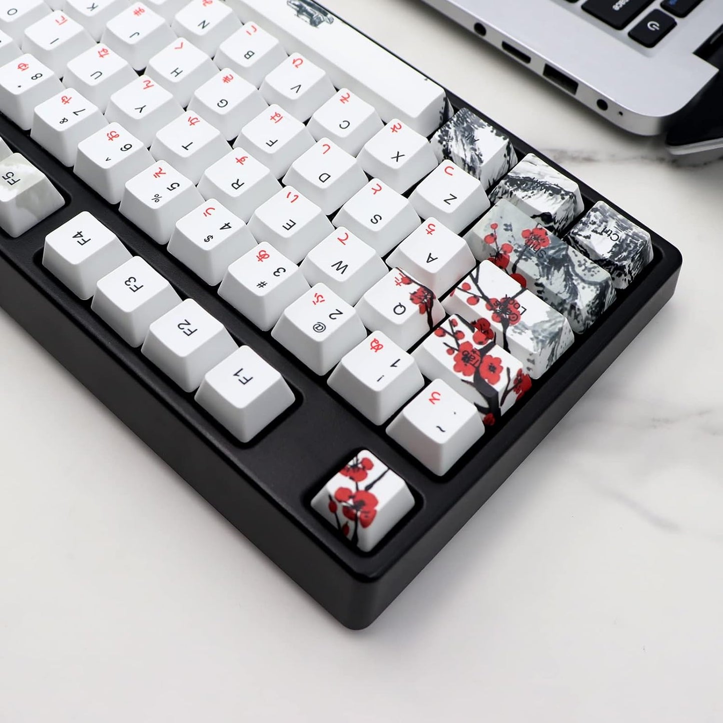 JSJT Japanese keycaps PBT Dye-Sublimation Plum Blossom Keycaps 110 Keys OEM Profile Key Caps with Keycap Puller for Cherry MX Switch 61/87/104/108 Mechanical Keyboard