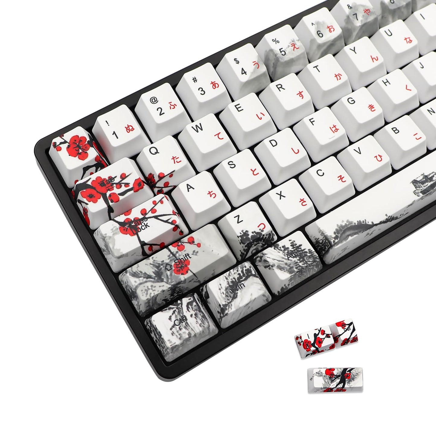 JSJT Keycaps 60 Percent - Plum Blossom Keycap,Japanese Keycap Set 71 Keys PBT OEM Profile Key Caps Suitable for GK61/GK64/RK61/Anne /ALT61 Cherry MX Switches Mechanical Keyboards