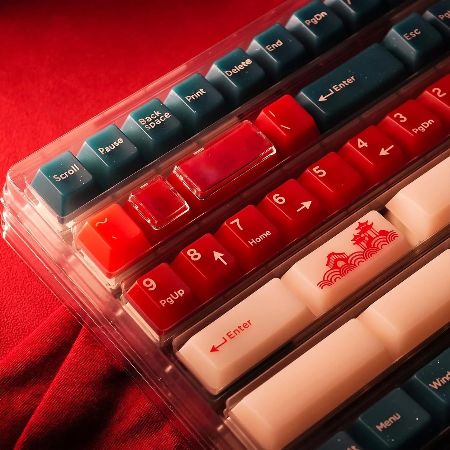 JSJT Cherry Profile Keycaps, 170 Keys Red Bean Theme PC Translucent Keycaps, 3 Colors Custom Keycap Suitable for Cherry Mx Switch Mechanical Keyboards (Key Caps Only)