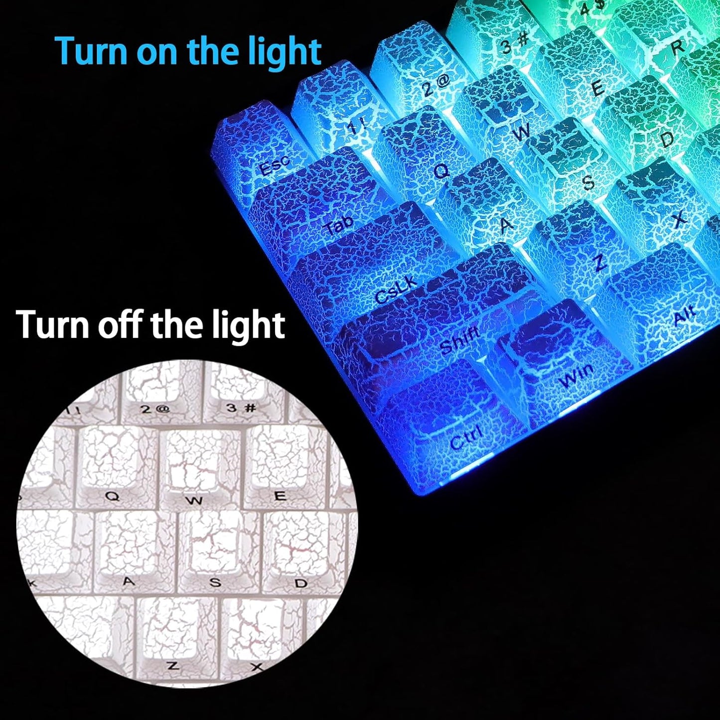 JSJT White Key Caps - Side Printed Keycap 60 Percent,PBT Shine Through Keycaps,Ice of Crack Theme Cherry Profile Keycap Set 123 Keys Suitable for MX Switch Mechanical Keyboards(Only Keycaps)