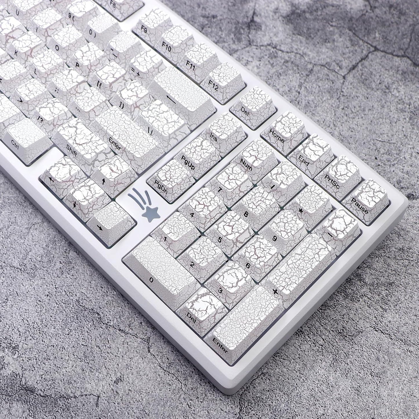 JSJT White Key Caps - Side Printed Keycap 60 Percent,PBT Shine Through Keycaps,Ice of Crack Theme Cherry Profile Keycap Set 123 Keys Suitable for MX Switch Mechanical Keyboards(Only Keycaps)