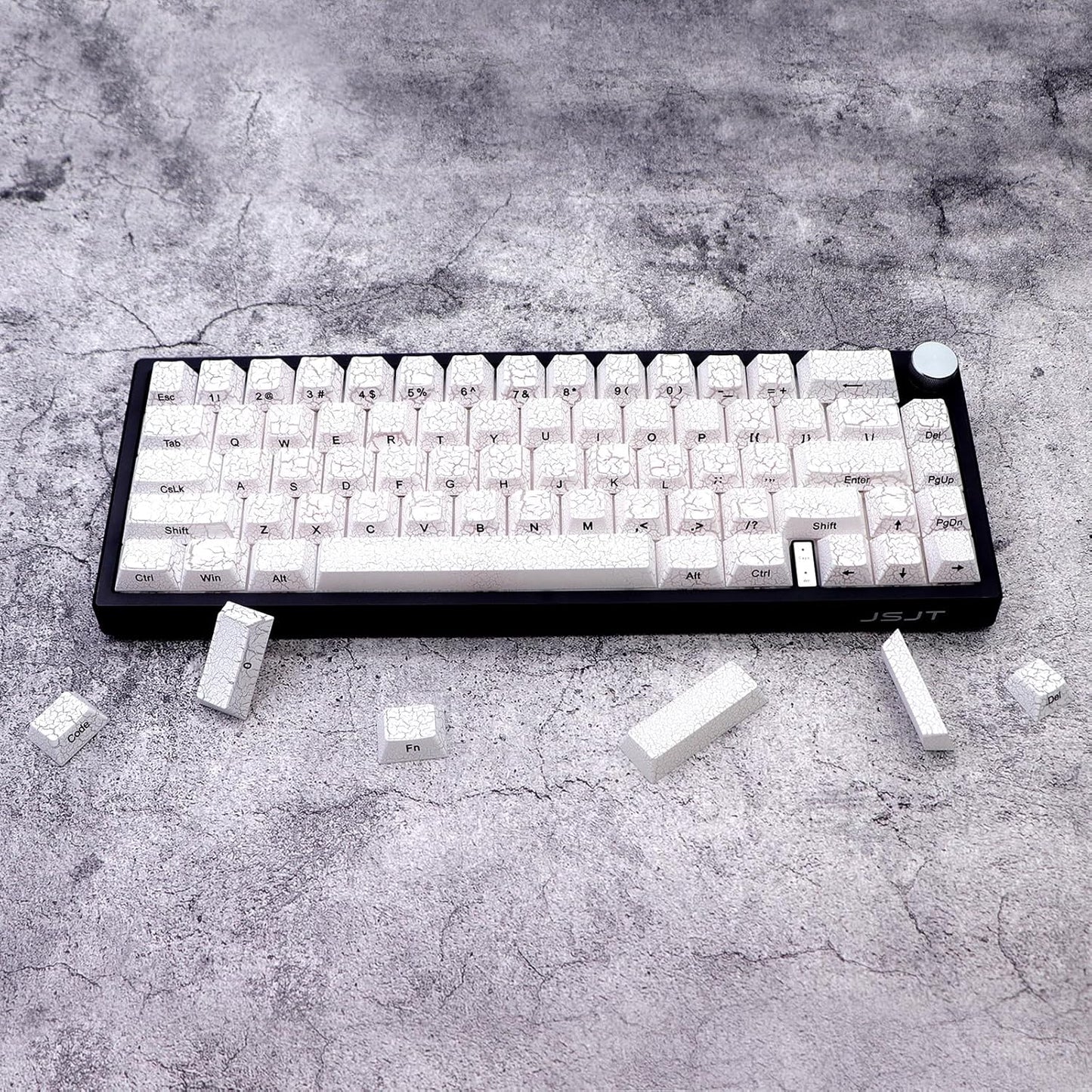 JSJT White Key Caps - Side Printed Keycap 60 Percent,PBT Shine Through Keycaps,Ice of Crack Theme Cherry Profile Keycap Set 123 Keys Suitable for MX Switch Mechanical Keyboards(Only Keycaps)