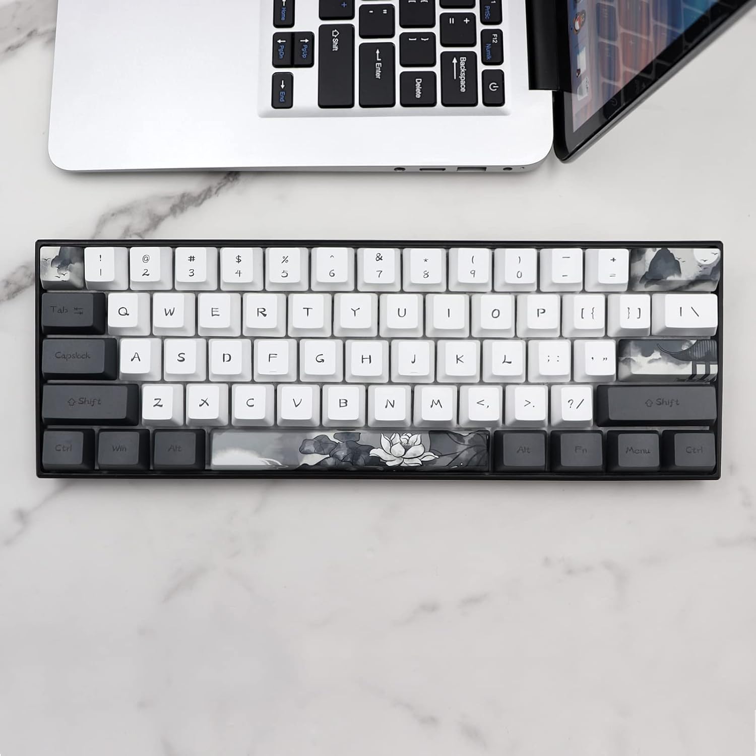 JSJT Ink Lotus Keycaps 140 Keys OEM Profile Keycap PBT Dye Sublimation Key Caps for ANSI/ISO Layout Cherry MX Switch Mechanical Gaming Keyboards GK61/68/87/96/104/108 (with 6.25u spacebar)