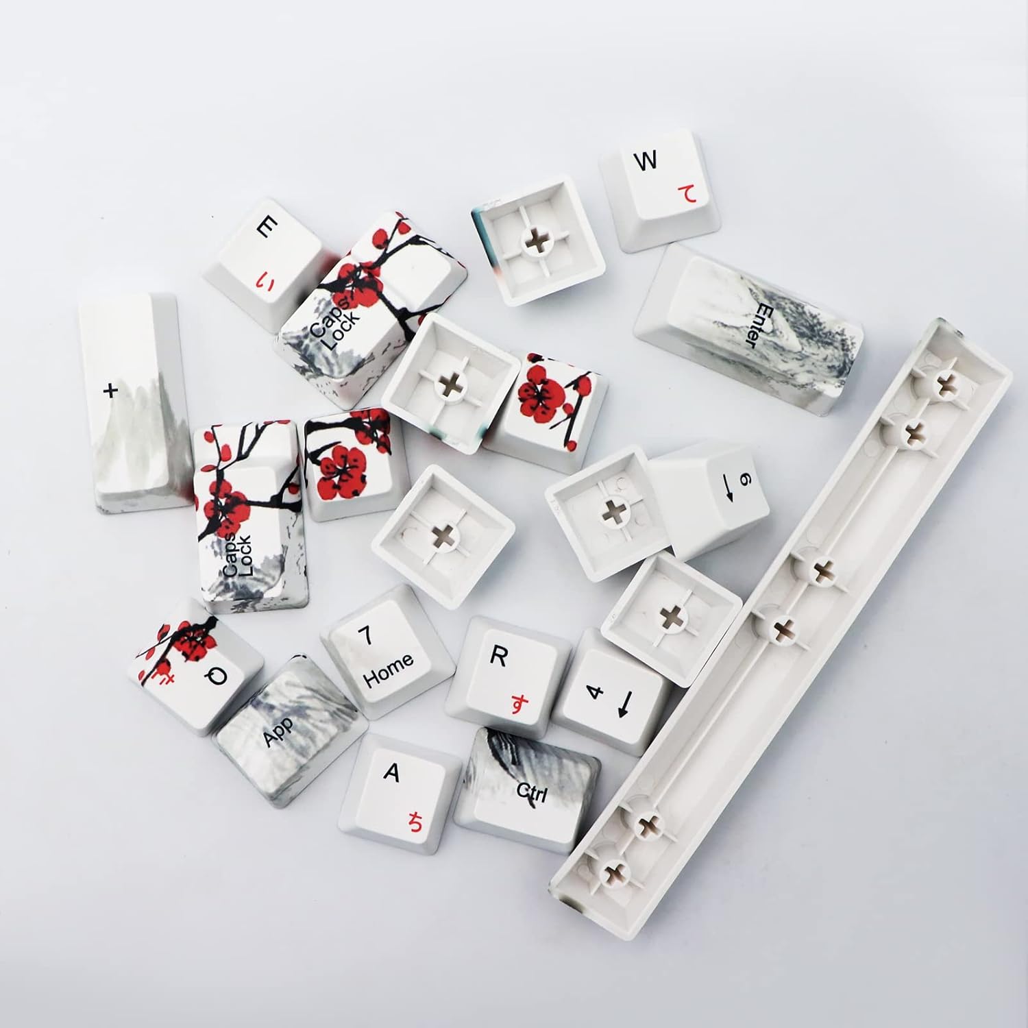 JSJT Japanese keycaps PBT Dye-Sublimation Plum Blossom Keycaps 110 Keys OEM Profile Key Caps with Keycap Puller for Cherry MX Switch 61/87/104/108 Mechanical Keyboard