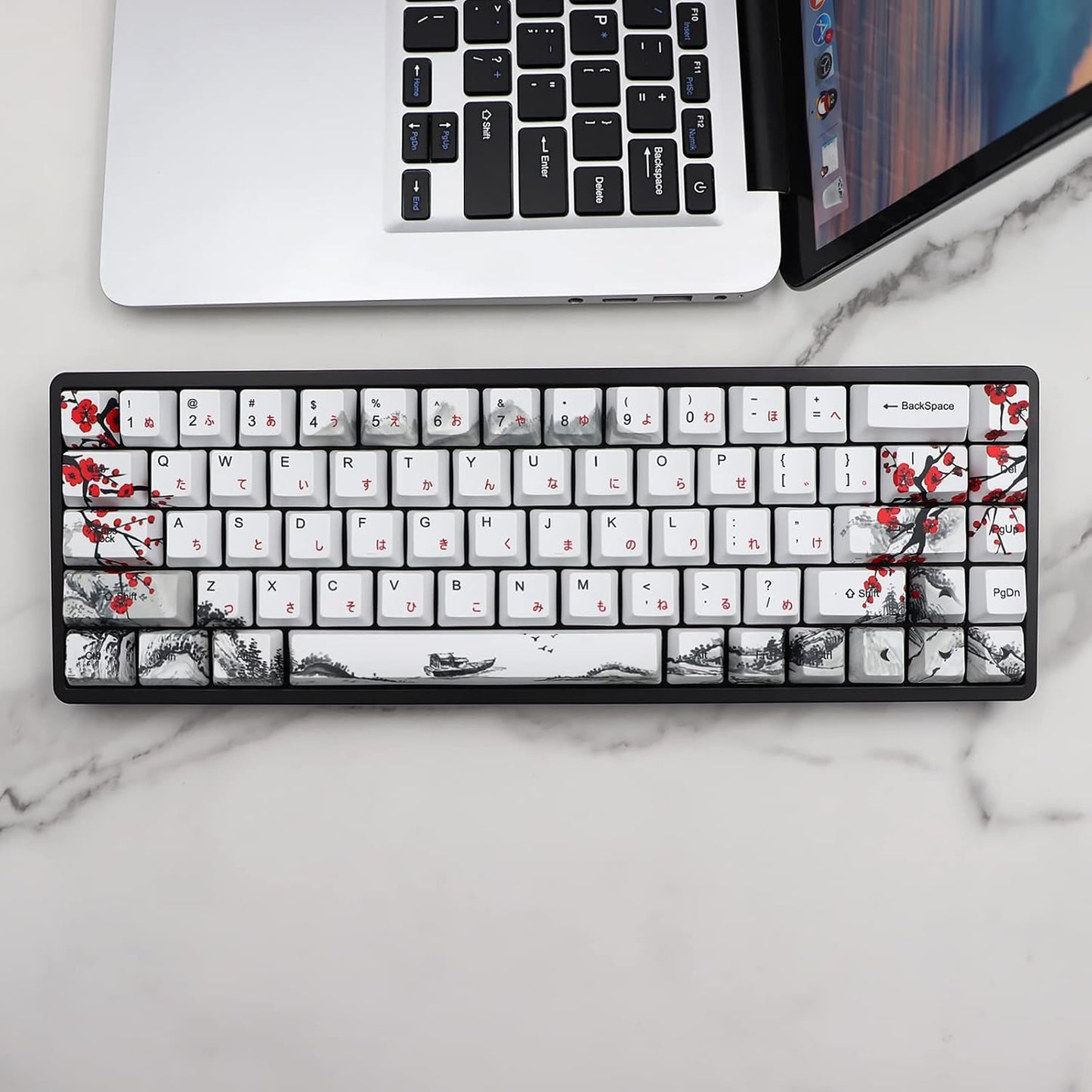 JSJT Keycaps 65 Percent- Plum Blossom Keycap Set OEM Profile Japanese Keycaps PBT Custom Key Caps, Suitable for Cherry MX Switches GK68/RK68 Mechanical Keyboards