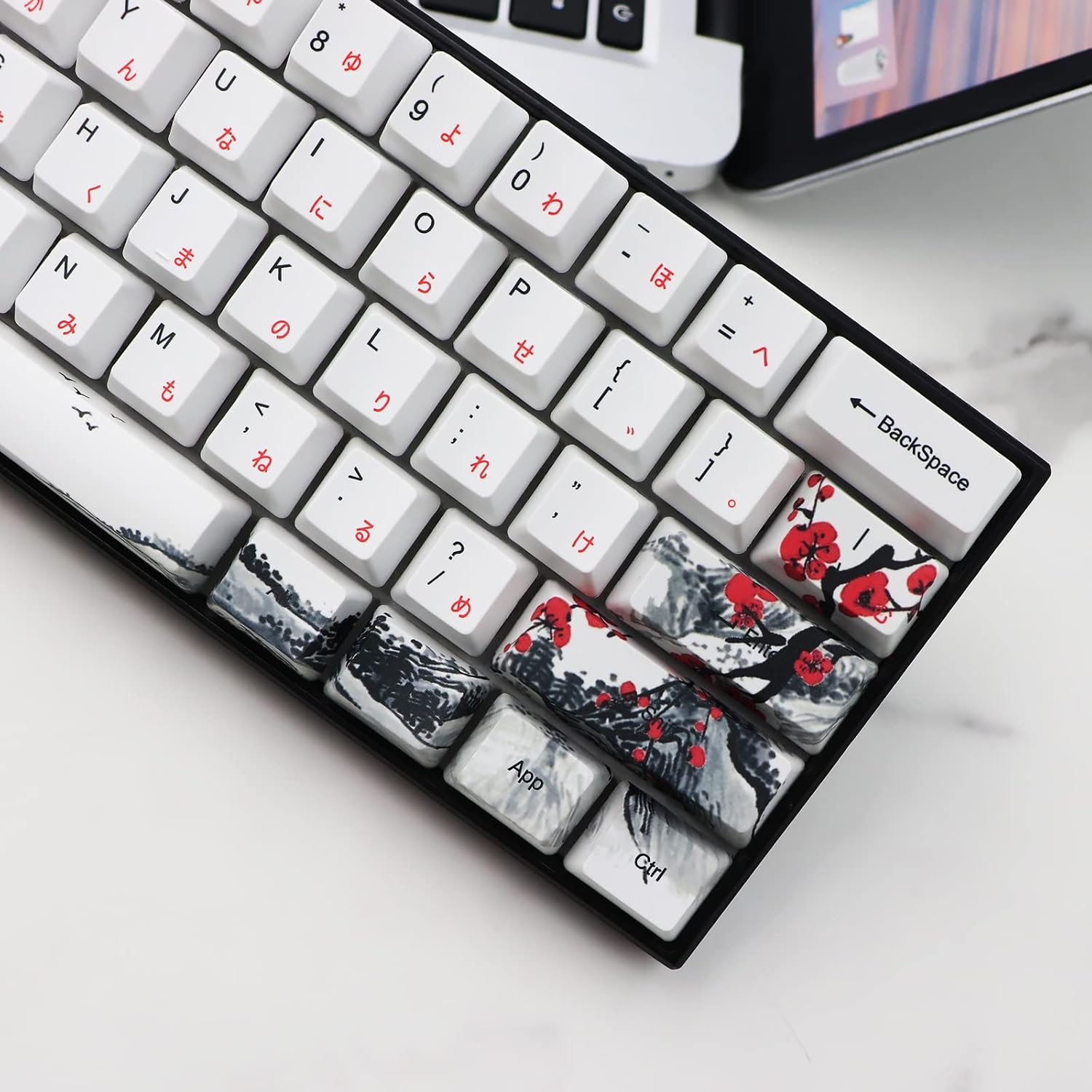 JSJT Japanese keycaps PBT Dye-Sublimation Plum Blossom Keycaps 110 Keys OEM Profile Key Caps with Keycap Puller for Cherry MX Switch 61/87/104/108 Mechanical Keyboard