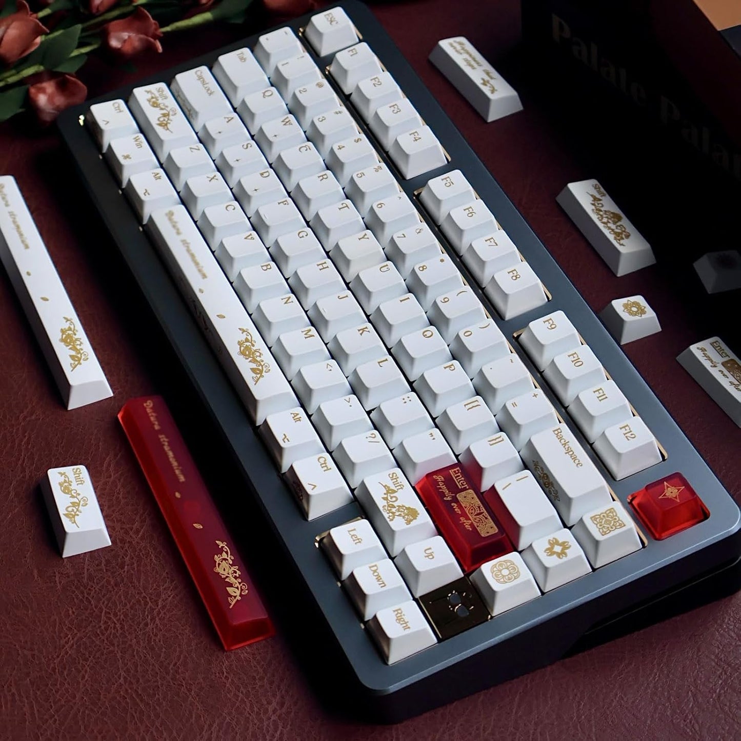 JSJT PBT+Transparent PC Keycap Set - White Keycaps 75 Percent,Hot Stamping Process Pattern Cherry Profile Key Caps,108 Keys for 61/64/68/75/87/108 Mechanical Keyboards(Only Keycaps)