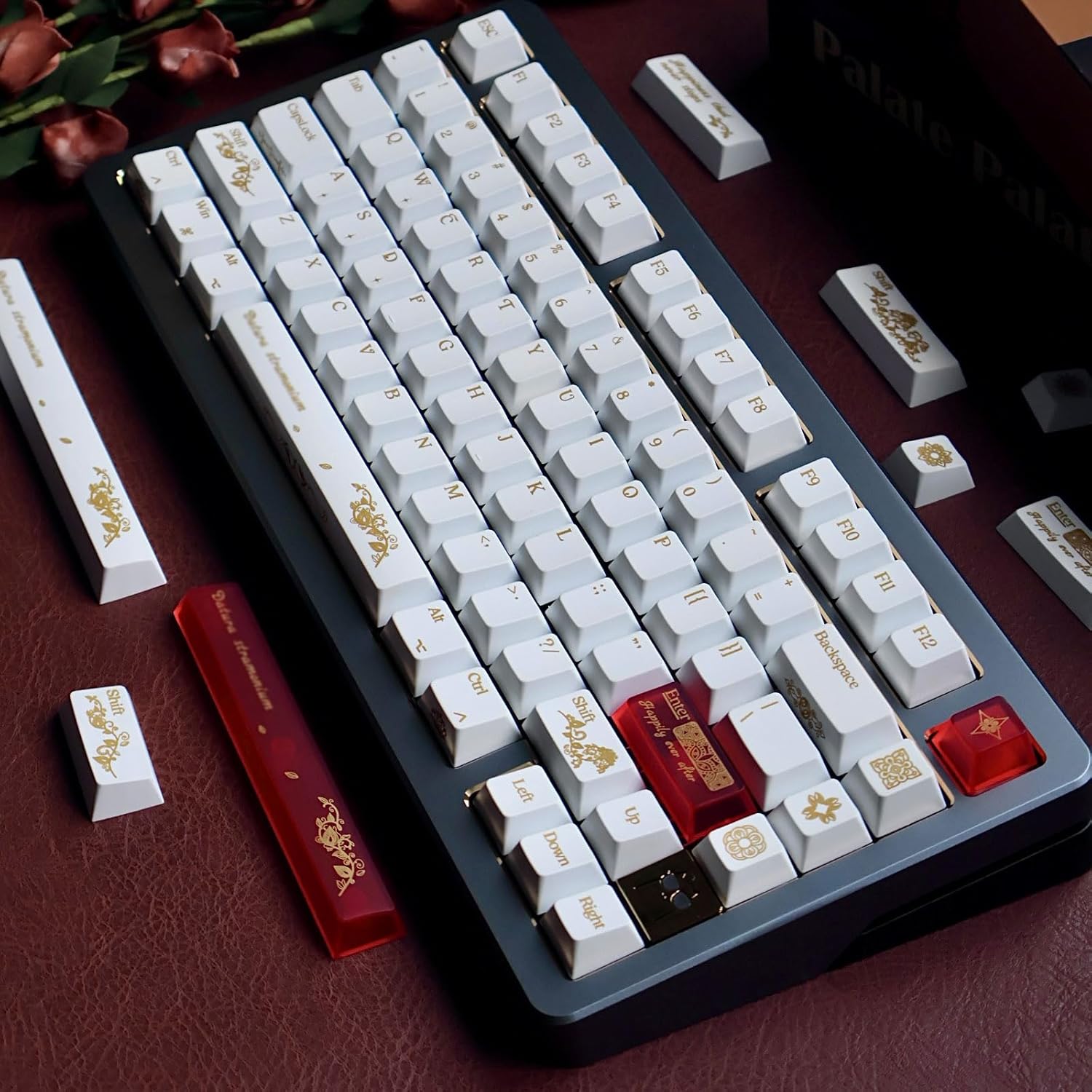 JSJT PBT+Transparent PC Keycap Set - White Keycaps 75 Percent,Hot Stamping Process Pattern Cherry Profile Key Caps,108 Keys for 61/64/68/75/87/108 Mechanical Keyboards(Only Keycaps)