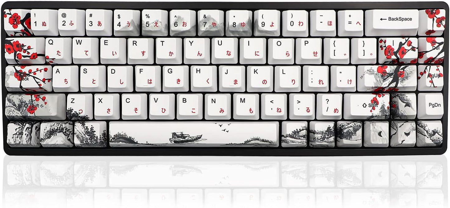 JSJT Keycaps 65 Percent- Plum Blossom Keycap Set OEM Profile Japanese Keycaps PBT Custom Key Caps, Suitable for Cherry MX Switches GK68/RK68 Mechanical Keyboards