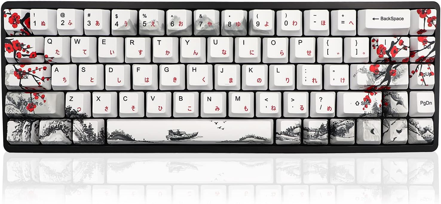 JSJT Keycaps 65 Percent- Plum Blossom Keycap Set OEM Profile Japanese Keycaps PBT Custom Key Caps, Suitable for Cherry MX Switches GK68/RK68 Mechanical Keyboards