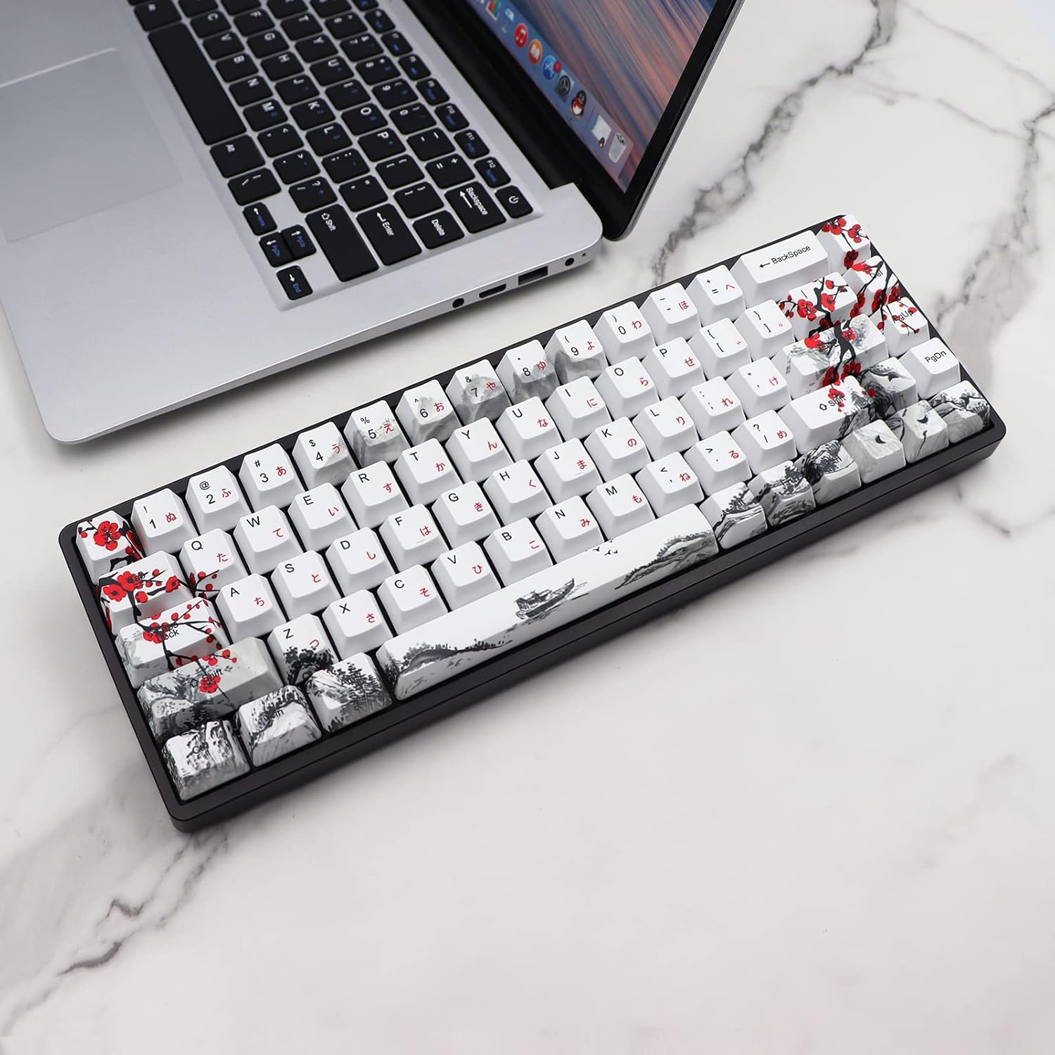 JSJT Keycaps 65 Percent- Plum Blossom Keycap Set OEM Profile Japanese Keycaps PBT Custom Key Caps, Suitable for Cherry MX Switches GK68/RK68 Mechanical Keyboards