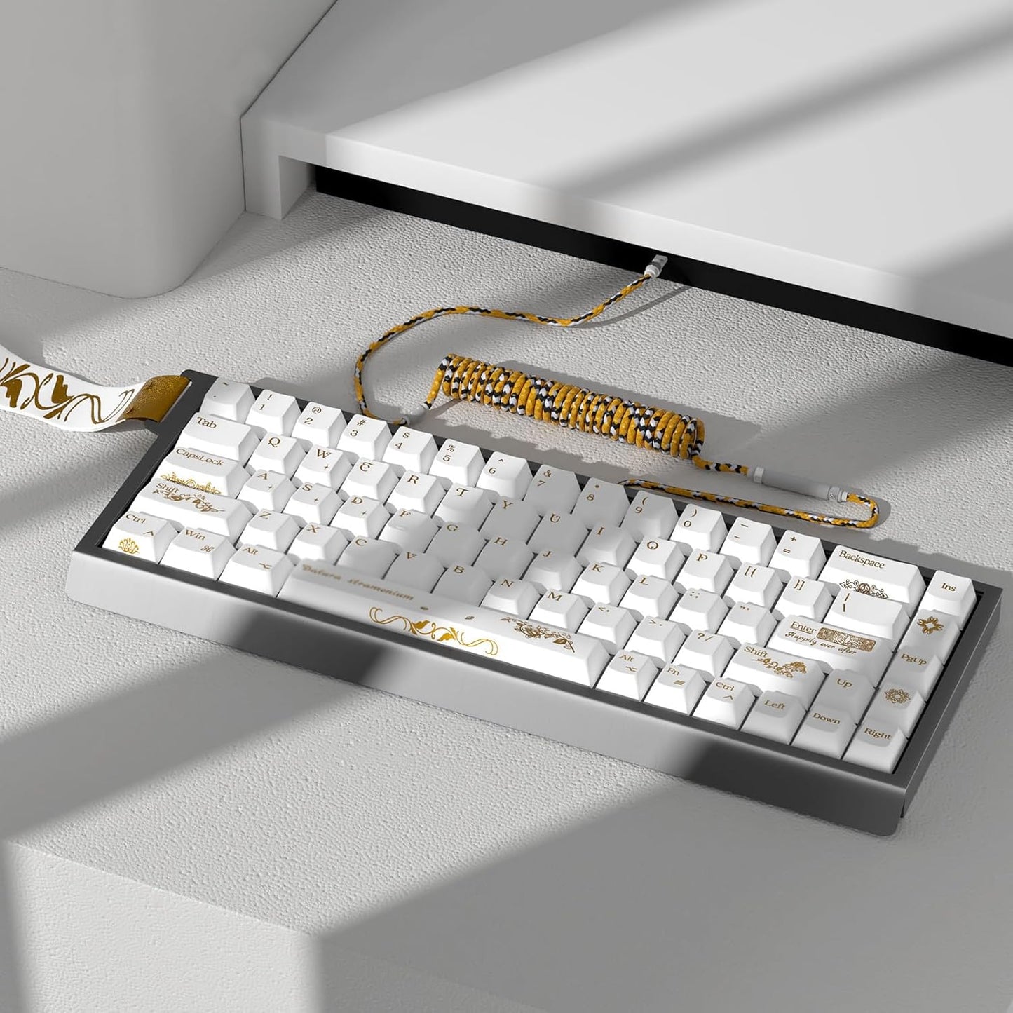JSJT PBT+Transparent PC Keycap Set - White Keycaps 75 Percent,Hot Stamping Process Pattern Cherry Profile Key Caps,108 Keys for 61/64/68/75/87/108 Mechanical Keyboards(Only Keycaps)
