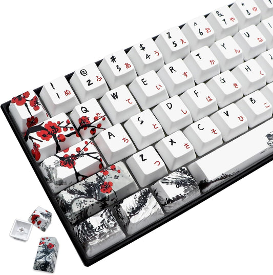 JSJT Keycaps 60 Percent - Plum Blossom Keycap,Japanese Keycap Set 71 Keys PBT OEM Profile Key Caps Suitable for GK61/GK64/RK61/Anne /ALT61 Cherry MX Switches Mechanical Keyboards