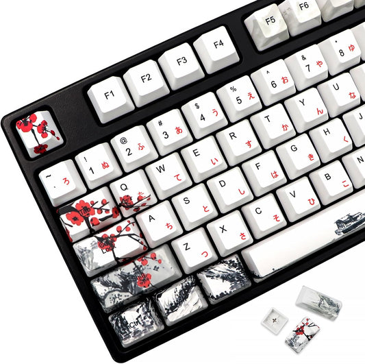 JSJT Japanese keycaps PBT Dye-Sublimation Plum Blossom Keycaps 110 Keys OEM Profile Key Caps with Keycap Puller for Cherry MX Switch 61/87/104/108 Mechanical Keyboard