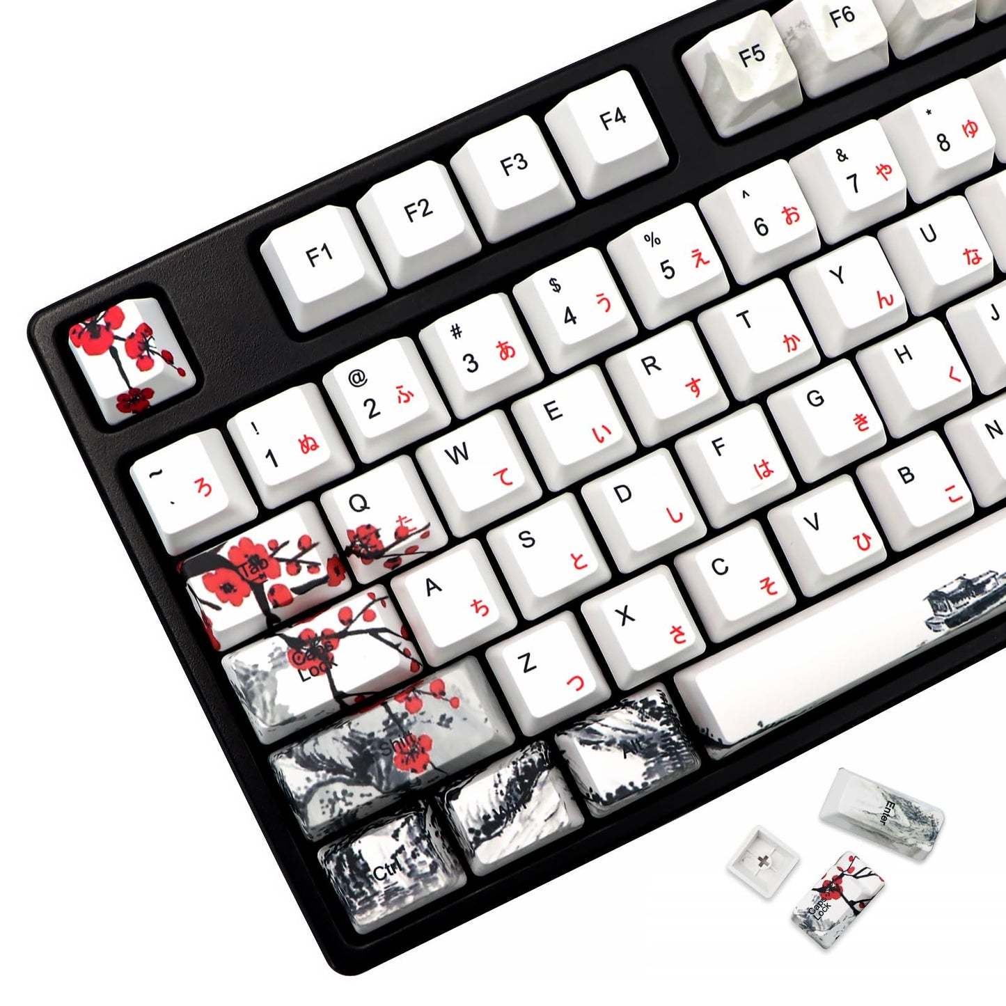 JSJT Keycaps 60 Percent - Plum Blossom Keycap,Japanese Keycap Set 71 Keys PBT OEM Profile Key Caps Suitable for GK61/GK64/RK61/Anne /ALT61 Cherry MX Switches Mechanical Keyboards