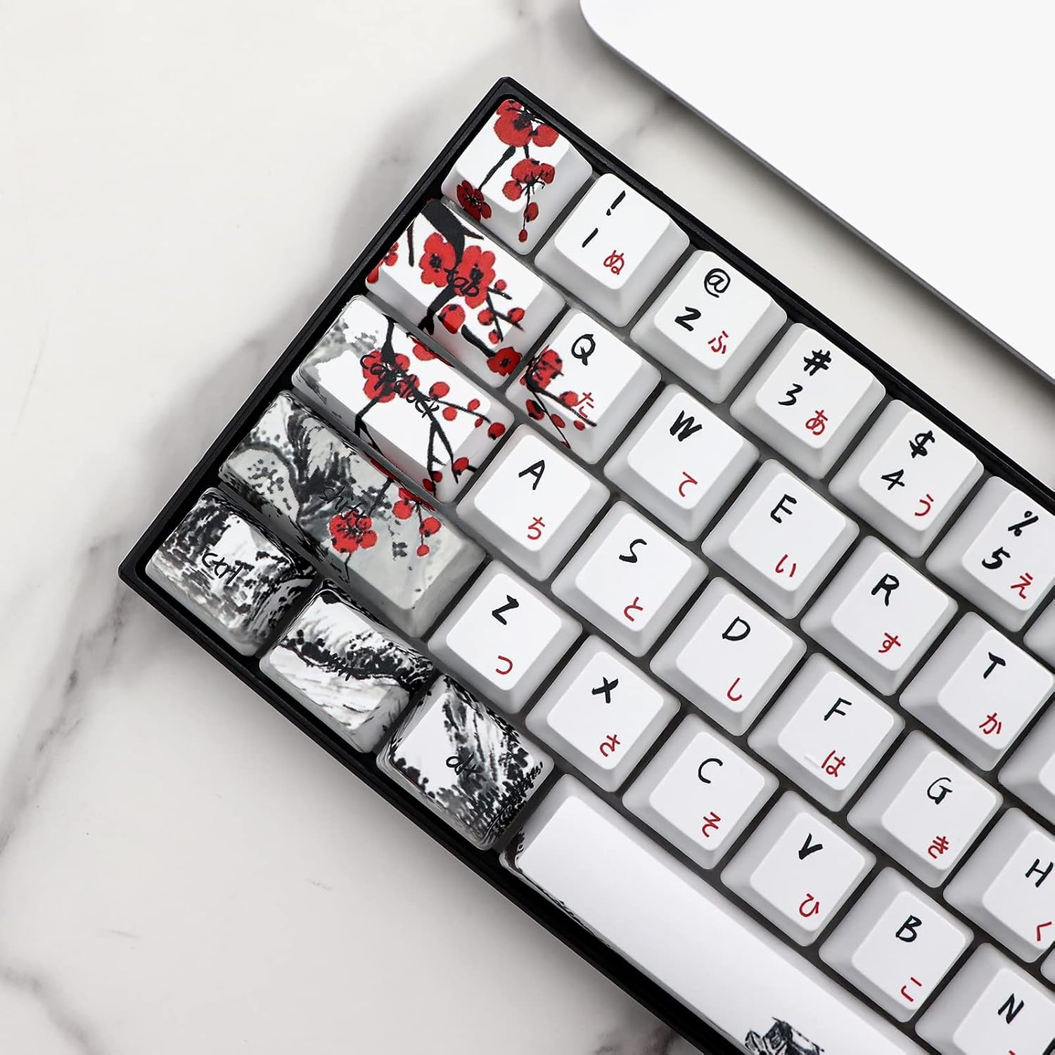 JSJT Keycaps 60 Percent - Plum Blossom Keycap,Japanese Keycap Set 71 Keys PBT OEM Profile Key Caps Suitable for GK61/GK64/RK61/Anne /ALT61 Cherry MX Switches Mechanical Keyboards