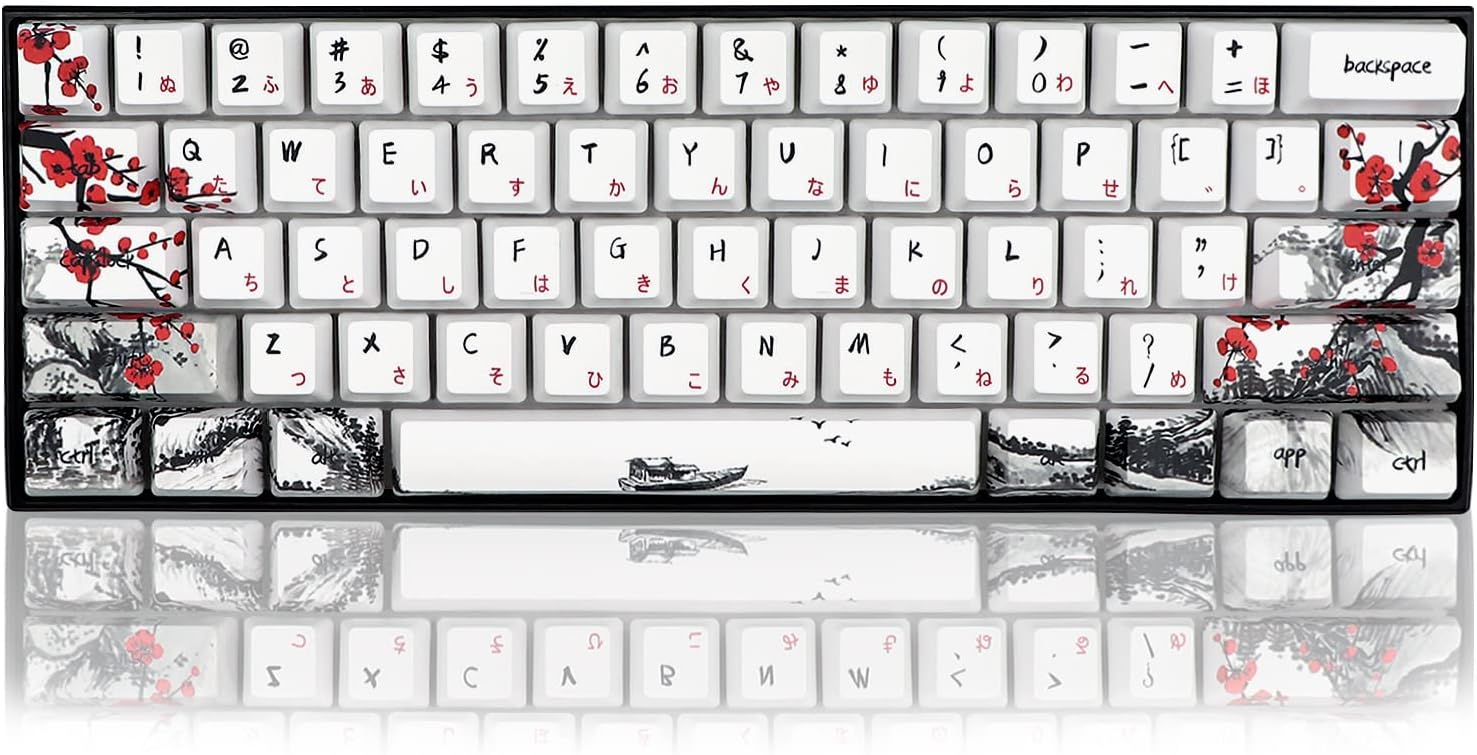 JSJT Keycaps 60 Percent - Plum Blossom Keycap,Japanese Keycap Set 71 Keys PBT OEM Profile Key Caps Suitable for GK61/GK64/RK61/Anne /ALT61 Cherry MX Switches Mechanical Keyboards