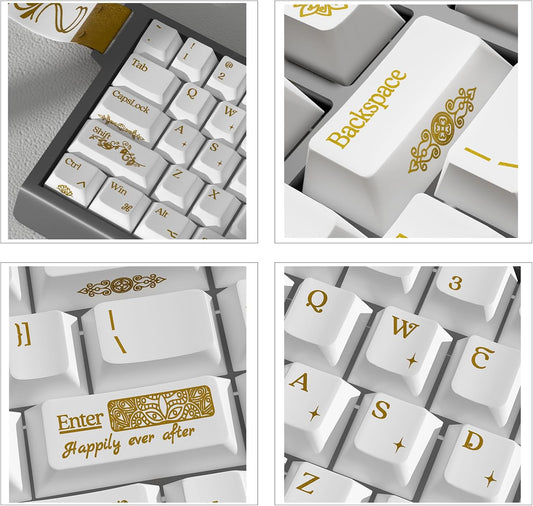 JSJT PBT+Transparent PC Keycap Set - White Keycaps 75 Percent,Hot Stamping Process Pattern Cherry Profile Key Caps,108 Keys for 61/64/68/75/87/108 Mechanical Keyboards(Only Keycaps)