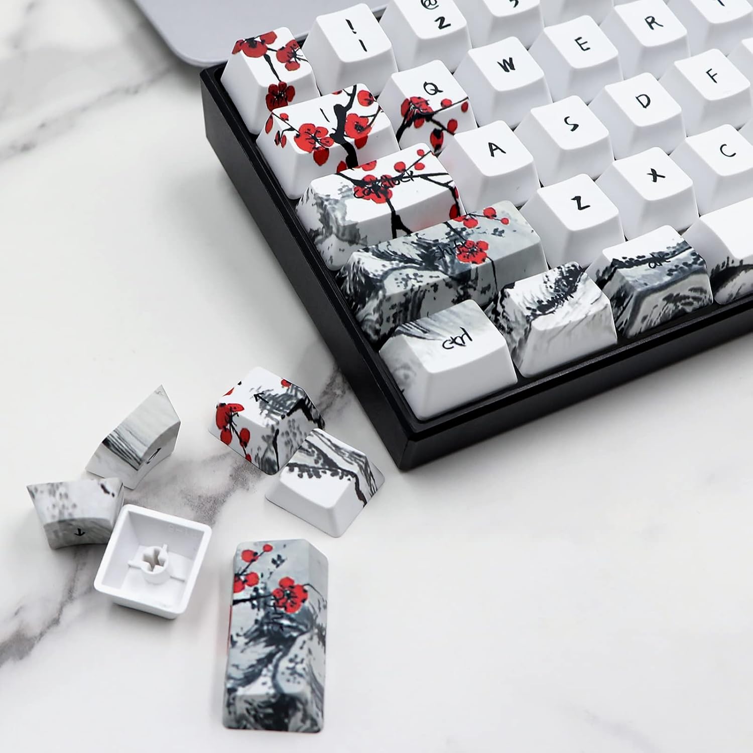 JSJT Custom Keycap-Keycaps 60 Percent, Suitable for GK61/64/RK61/Anne/GH60 /ALT61 Cherry MX Switches Mechanical Keyboards,71 Keys,OEM Profile PBT Keycaps with Keycap Puller (Plum Blossom Key Caps)