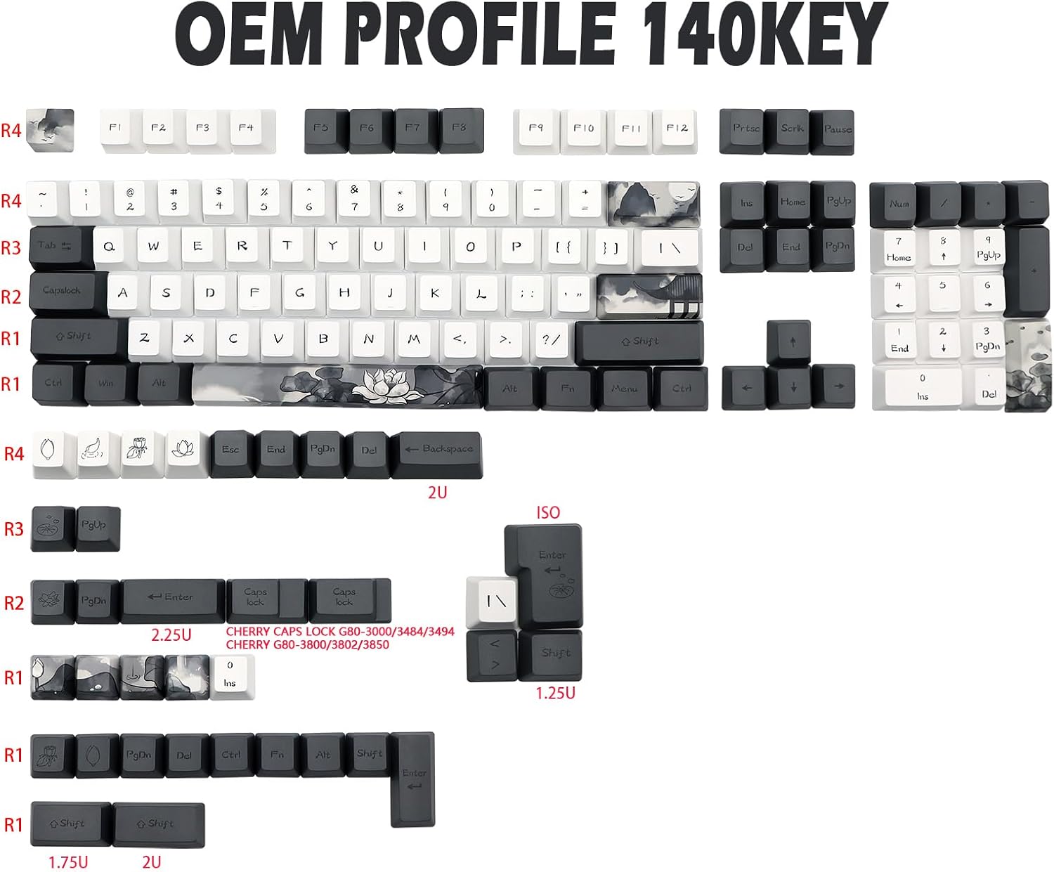JSJT Ink Lotus Keycaps 140 Keys OEM Profile Keycap PBT Dye Sublimation Key Caps for ANSI/ISO Layout Cherry MX Switch Mechanical Gaming Keyboards GK61/68/87/96/104/108 (with 6.25u spacebar)
