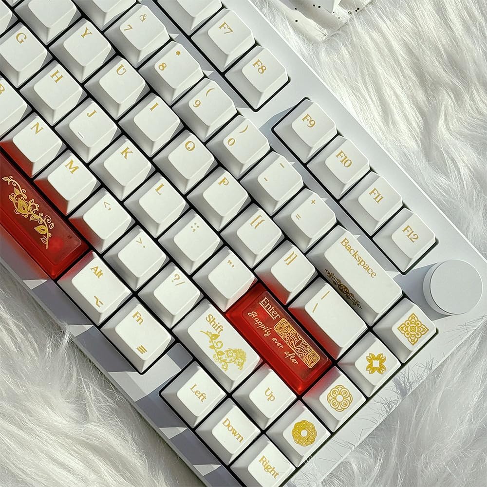 JSJT PBT+Transparent PC Keycap Set - White Keycaps 75 Percent,Hot Stamping Process Pattern Cherry Profile Key Caps,108 Keys for 61/64/68/75/87/108 Mechanical Keyboards(Only Keycaps)