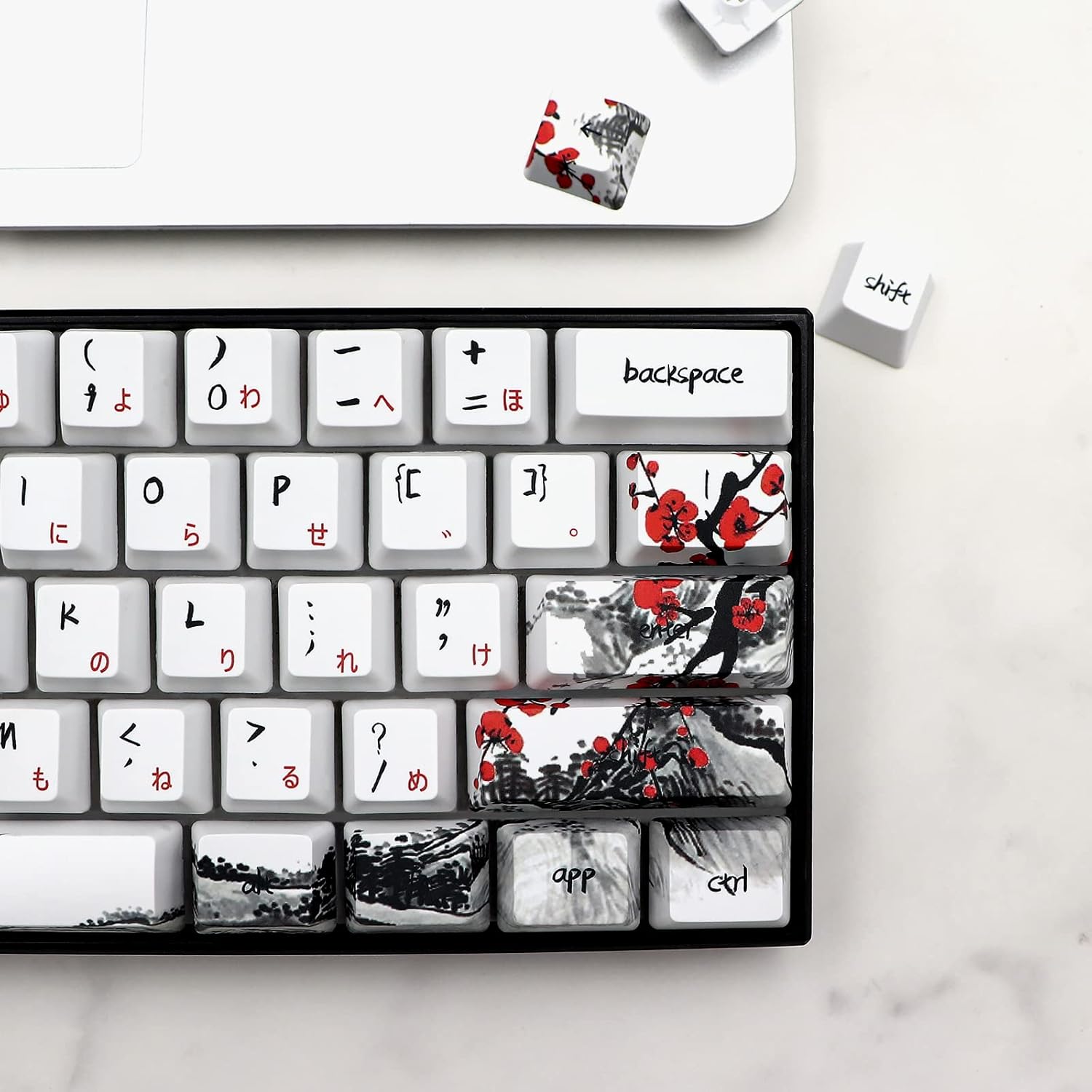 JSJT Keycaps 60 Percent - Plum Blossom Keycap,Japanese Keycap Set 71 Keys PBT OEM Profile Key Caps Suitable for GK61/GK64/RK61/Anne /ALT61 Cherry MX Switches Mechanical Keyboards