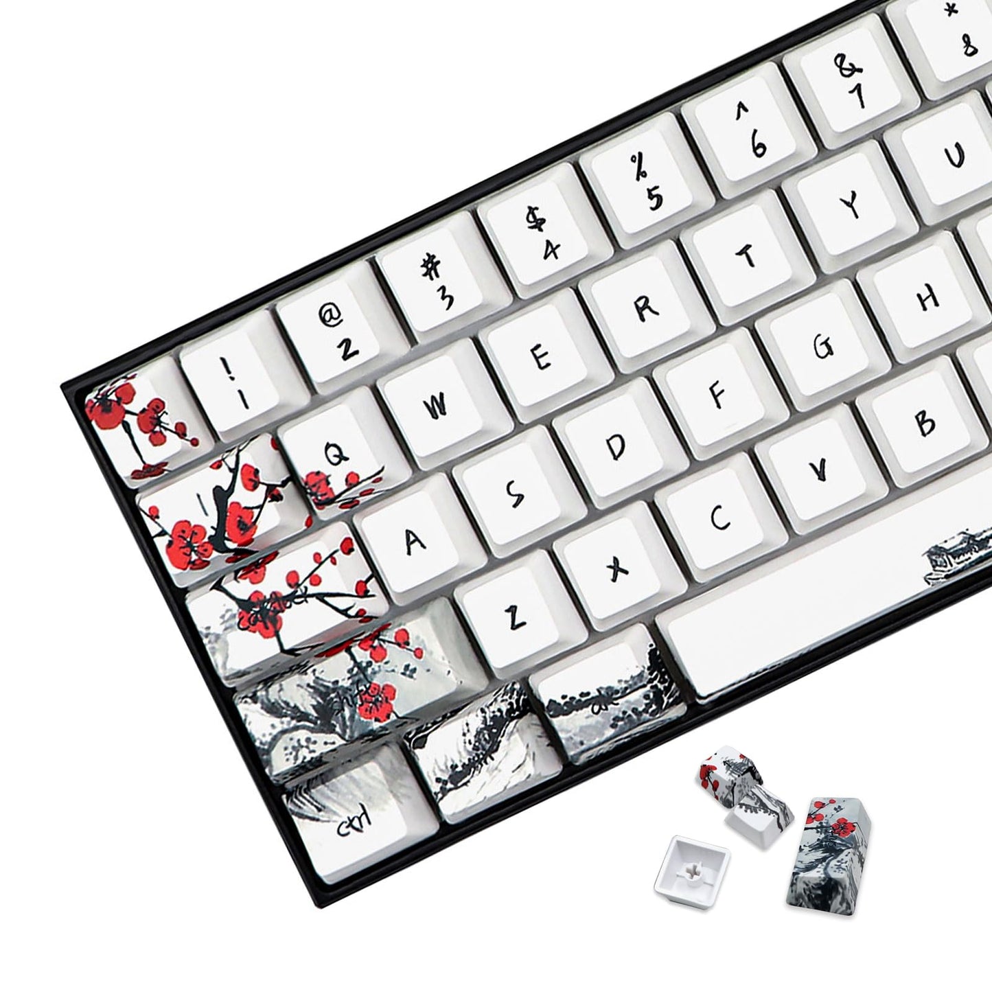 JSJT Keycaps 65 Percent- Plum Blossom Keycap Set OEM Profile Japanese Keycaps PBT Custom Key Caps, Suitable for Cherry MX Switches GK68/RK68 Mechanical Keyboards