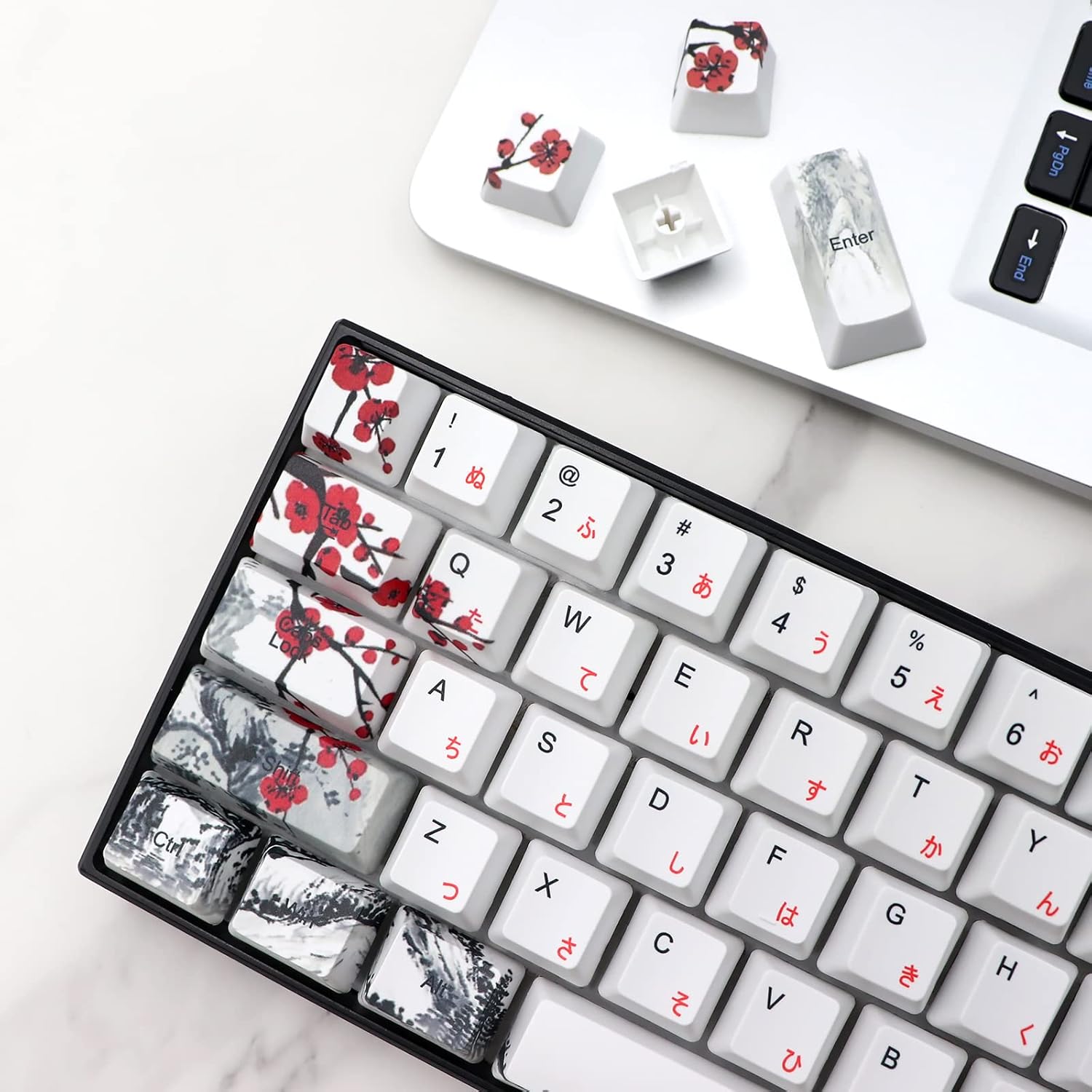 JSJT Japanese keycaps PBT Dye-Sublimation Plum Blossom Keycaps 110 Keys OEM Profile Key Caps with Keycap Puller for Cherry MX Switch 61/87/104/108 Mechanical Keyboard