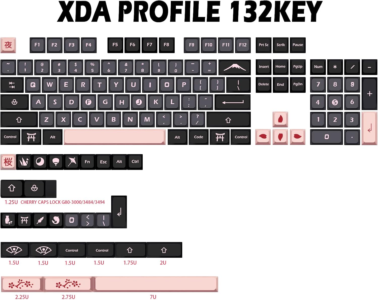 JSJT XDA Keycaps-Night Cherry Themed Keycaps 132 Keys PBT Keycap Set Suitable for 61/64/84/87/96/98/104/108 ANSI Layout Cherry MX Switch Mechanical Keyboard