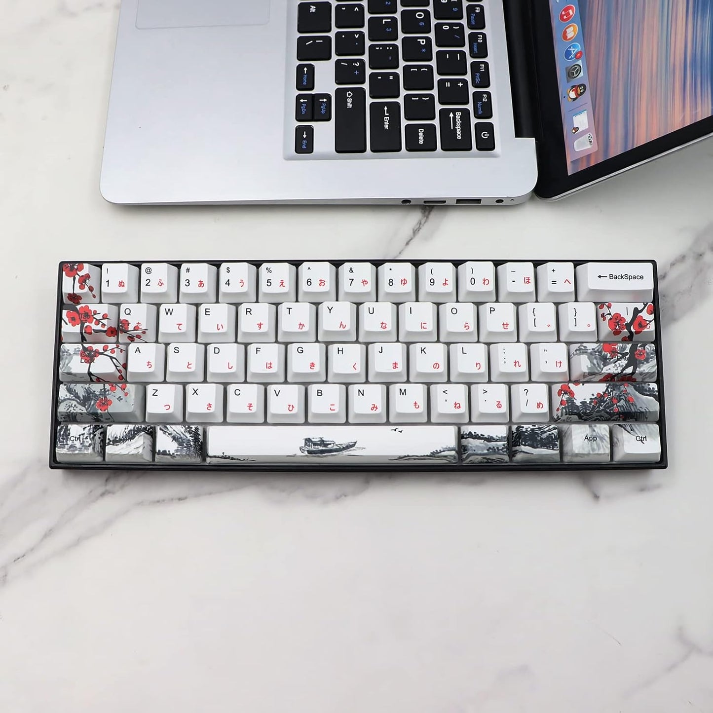 JSJT Japanese keycaps PBT Dye-Sublimation Plum Blossom Keycaps 110 Keys OEM Profile Key Caps with Keycap Puller for Cherry MX Switch 61/87/104/108 Mechanical Keyboard