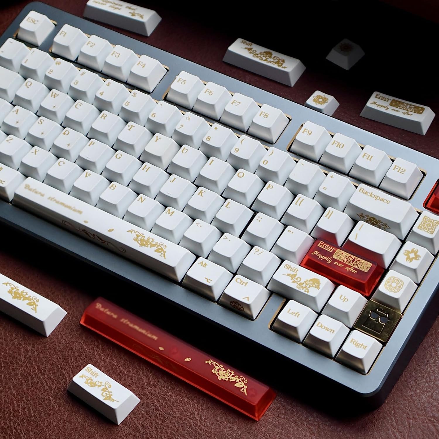 JSJT PBT+Transparent PC Keycap Set - White Keycaps 75 Percent,Hot Stamping Process Pattern Cherry Profile Key Caps,108 Keys for 61/64/68/75/87/108 Mechanical Keyboards(Only Keycaps)