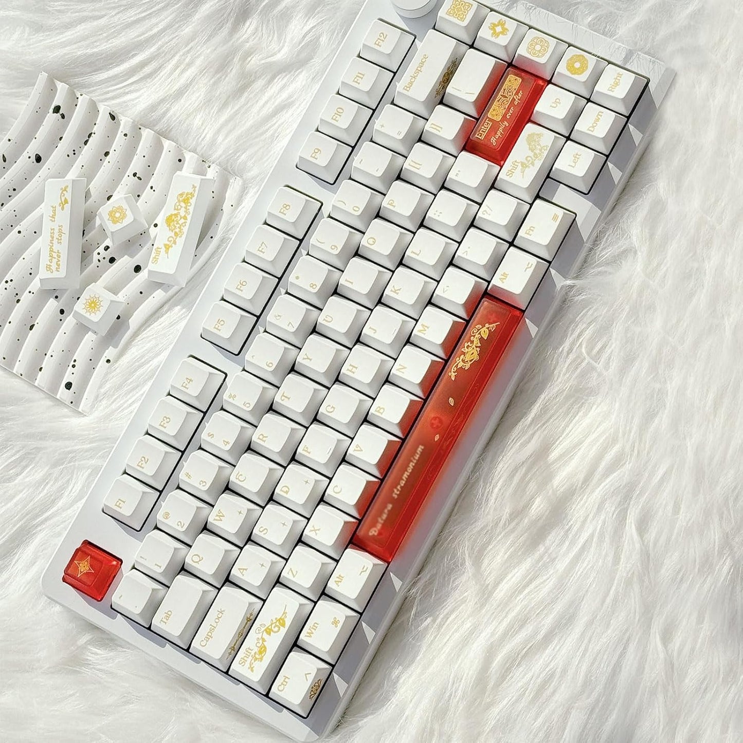 JSJT PBT+Transparent PC Keycap Set - White Keycaps 75 Percent,Hot Stamping Process Pattern Cherry Profile Key Caps,108 Keys for 61/64/68/75/87/108 Mechanical Keyboards(Only Keycaps)
